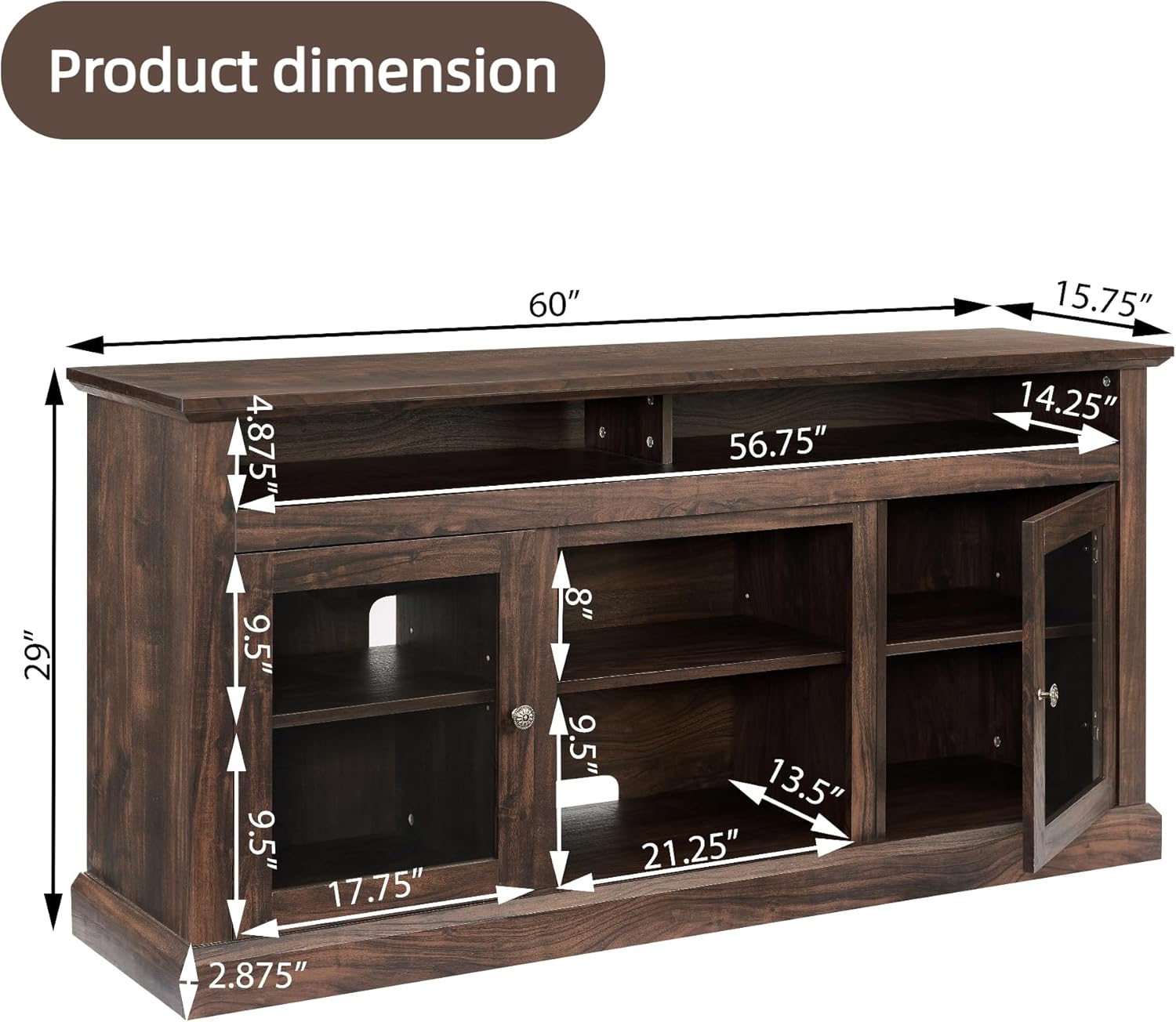 60" Farmhouse TV Stand for 65 Inch TV, Open Shelves Entertainment Center with Glass Door Storage Cabinet, Media Console Rustic Furniture for Living Room, Brown