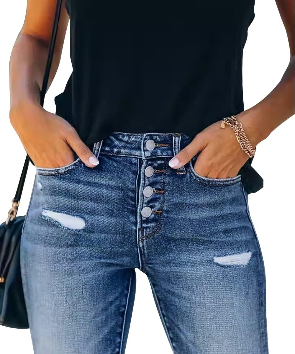 KUNMI Women's Ripped Skinny Slim Fit Jeans Frayed Distressed Stretchy Denim Pants - Image 3