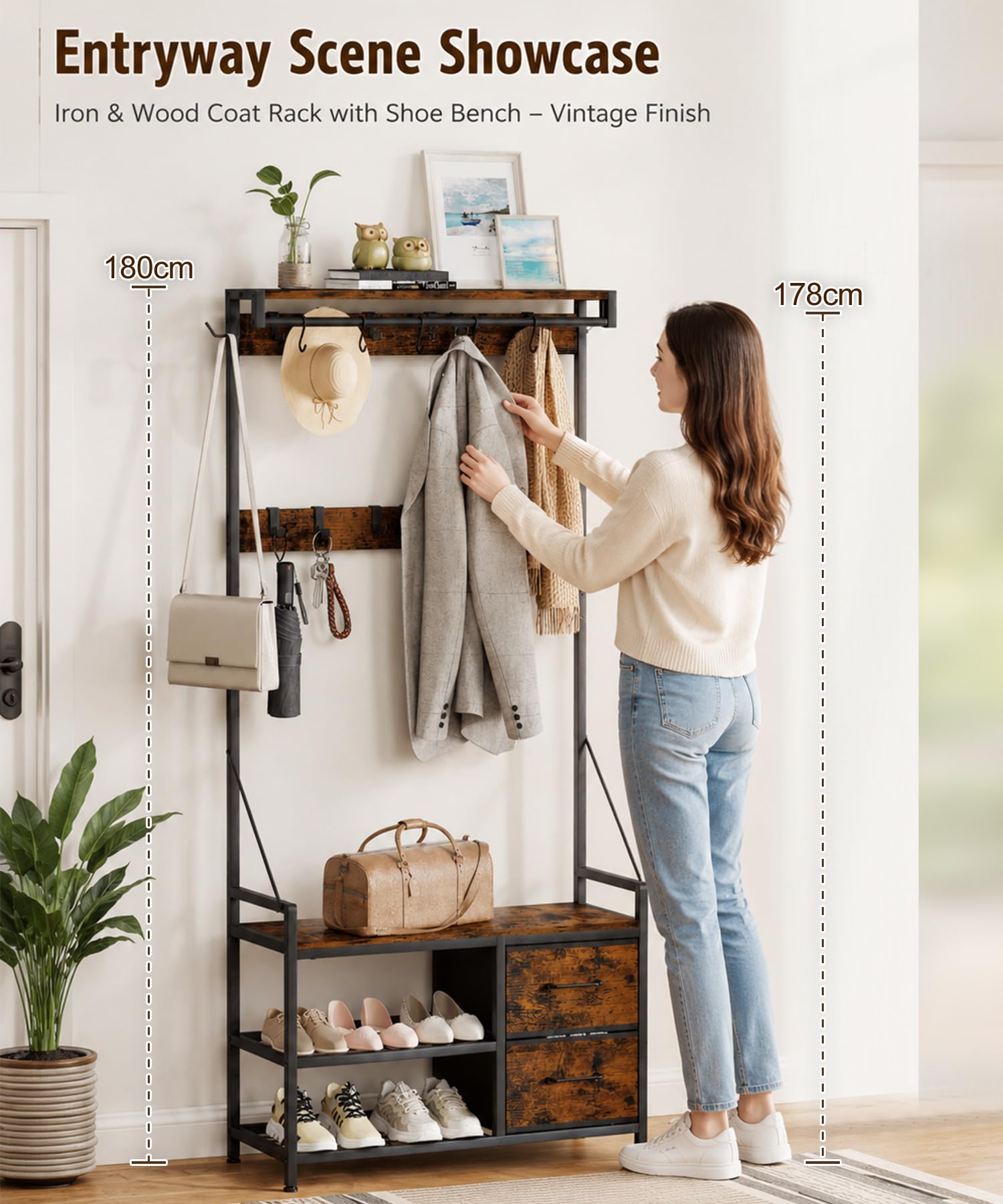 Yorbay Perchero multifuncional con zapatero banco: perchero extraíble para pasillo, marco de metal con cajones, ganchos – Perchero de pared zapatero para pasillo, salón, entradas