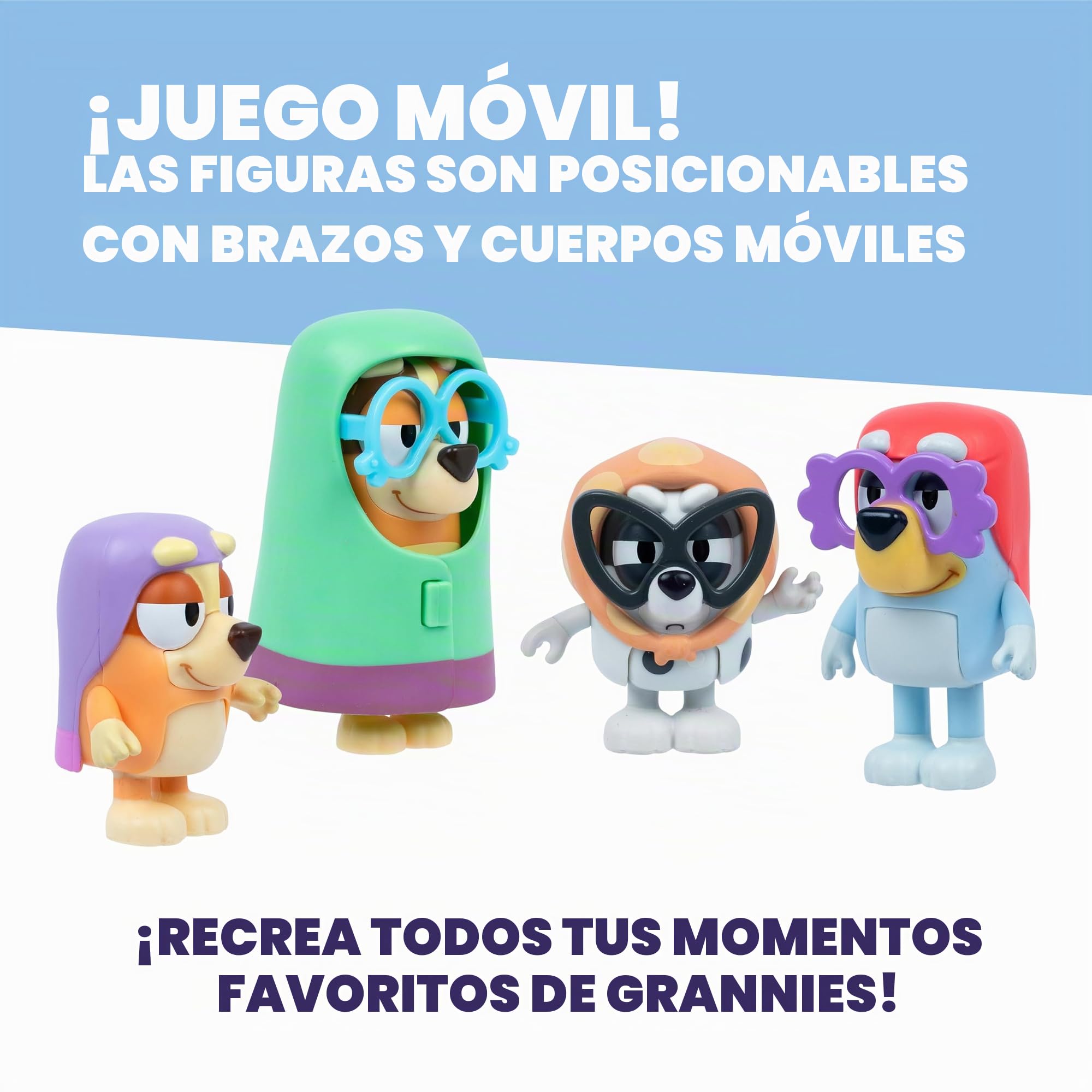 Pack de 4 Figuras de Bluey Abuelitas, 4 Figuras inspiradas en el Episodio, con Brazos articulados y Accesorios, Figuras móviles de 6-7,6 cm para Que los peques recreen el Episodio Abuelitas