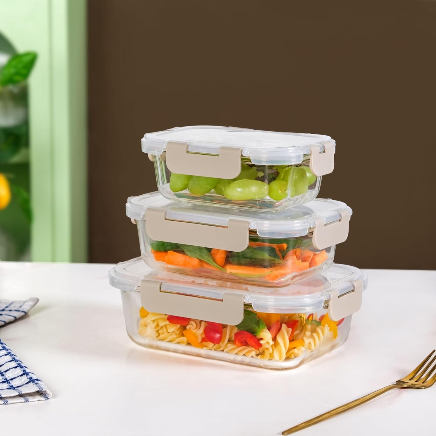 Nestasia Nestro Transparent Glass Containers with Lid Set of 3 (S-370ml, M-600ml, L-1000ml) | Rectangle Glass Food Storage Containers for Kitchen | Microwave, Dishwasher & Freezer Safe (Beige)