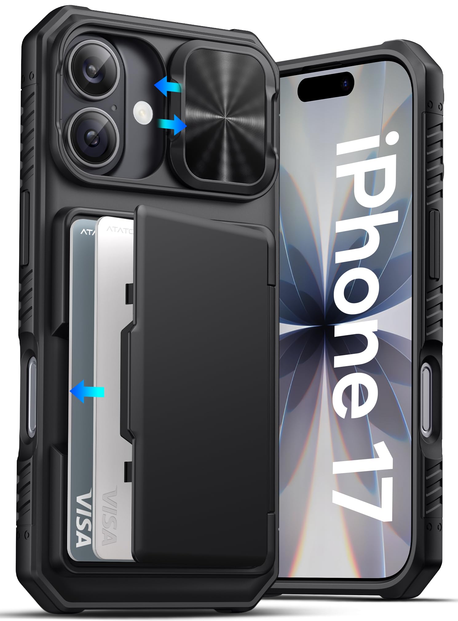Photo 1 of ATATOO for iPhone 17 Case Wallet, Built-in Card Holder (3-5 Cards) & Slide Camera Cover & [RFID Blocking], Military Grade Protection, Rugged Protective Phone Cover Case for iPhone 17 6.3" 2025, Black
