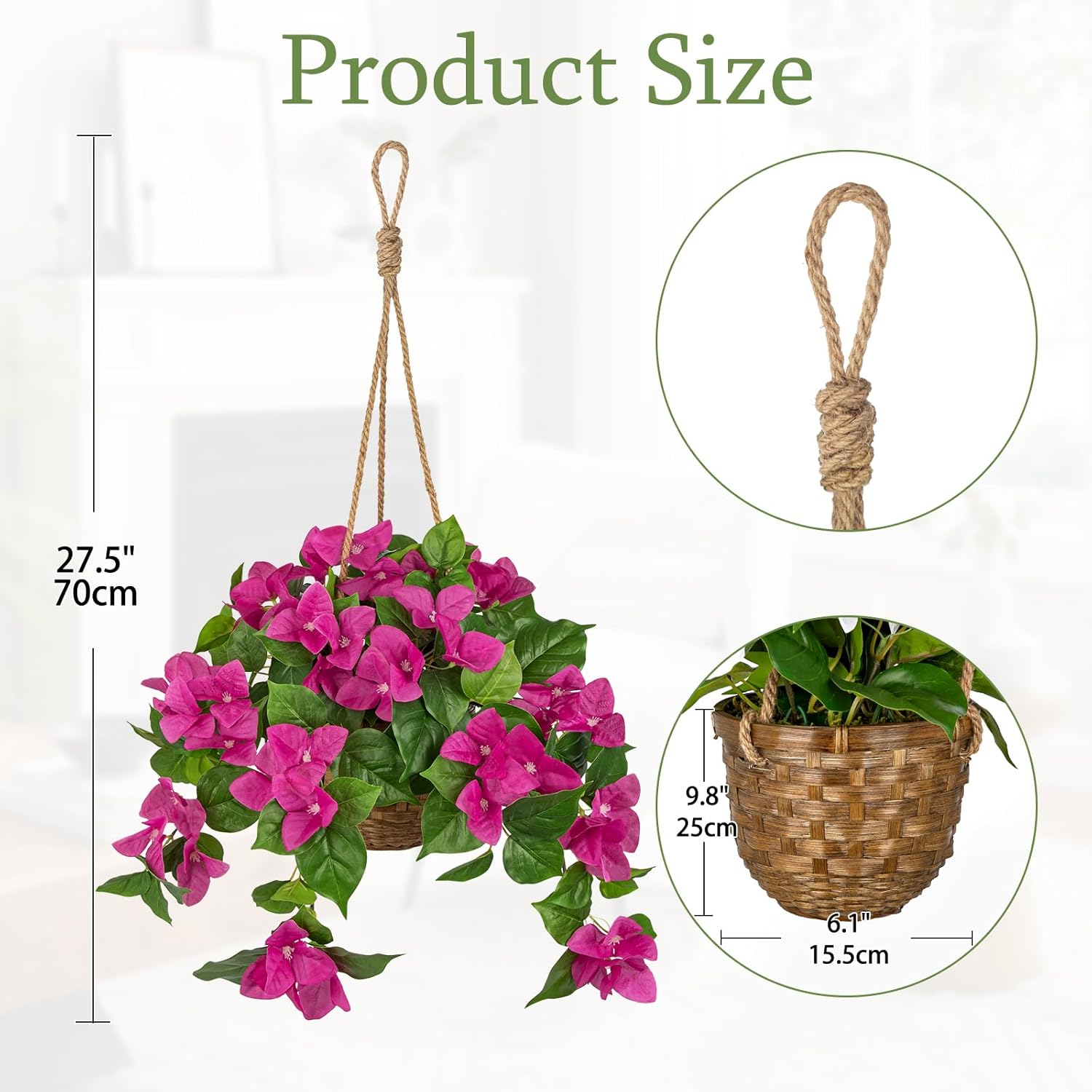 Briful Fake Hanging Basket Flowers, 27.5in Faux Pink Bougainvillea Flowers in Woven Rattan Planter with Cascading Vines for Home Garden Balcony Outdoor Porch Decor, Pink