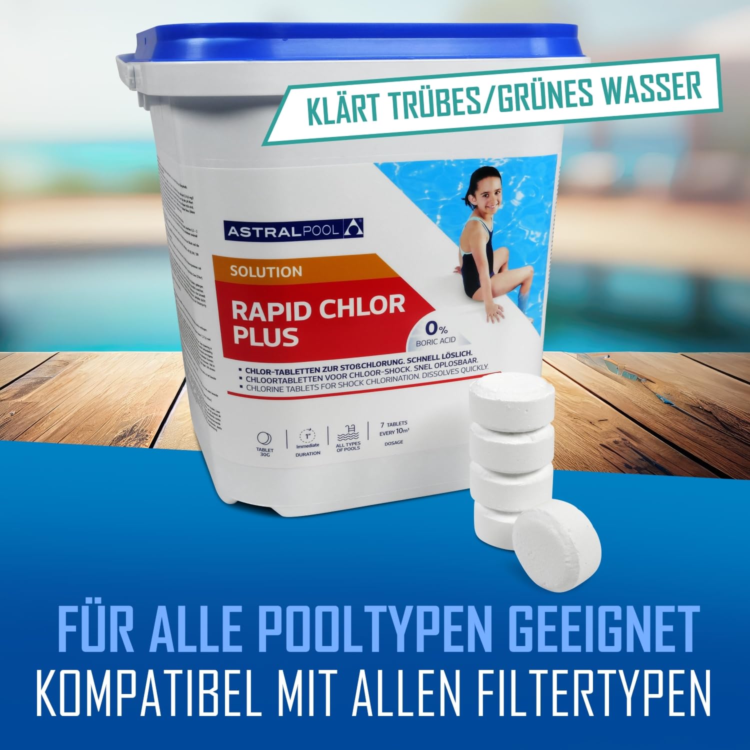 Astral Pool Rapid Chlor Plus 5 Kg Schnelllöslicher Chlor-Fixtab 30g zur Stoßchlorung Schockbehandlung Basisbehandlung Schnelldesinfektion