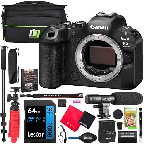 Canon EOS R6 Mark III Full Frame Mirrorless Interchangeable Lens Camera Body 7084C002 32.5MP | 40 FPS | 7K RAW Video | 8.5 Stop IBIS Bundle w/Deco Gear Bag +Microphone +Monopod +Photography Pro Kit