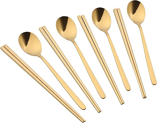 Juego de 4 cucharas y palillos AOPODO Gold Resuable Utensilios de cocina, 4 pares de palillos coreanos de acero inoxidable y metal para sopa, apto
