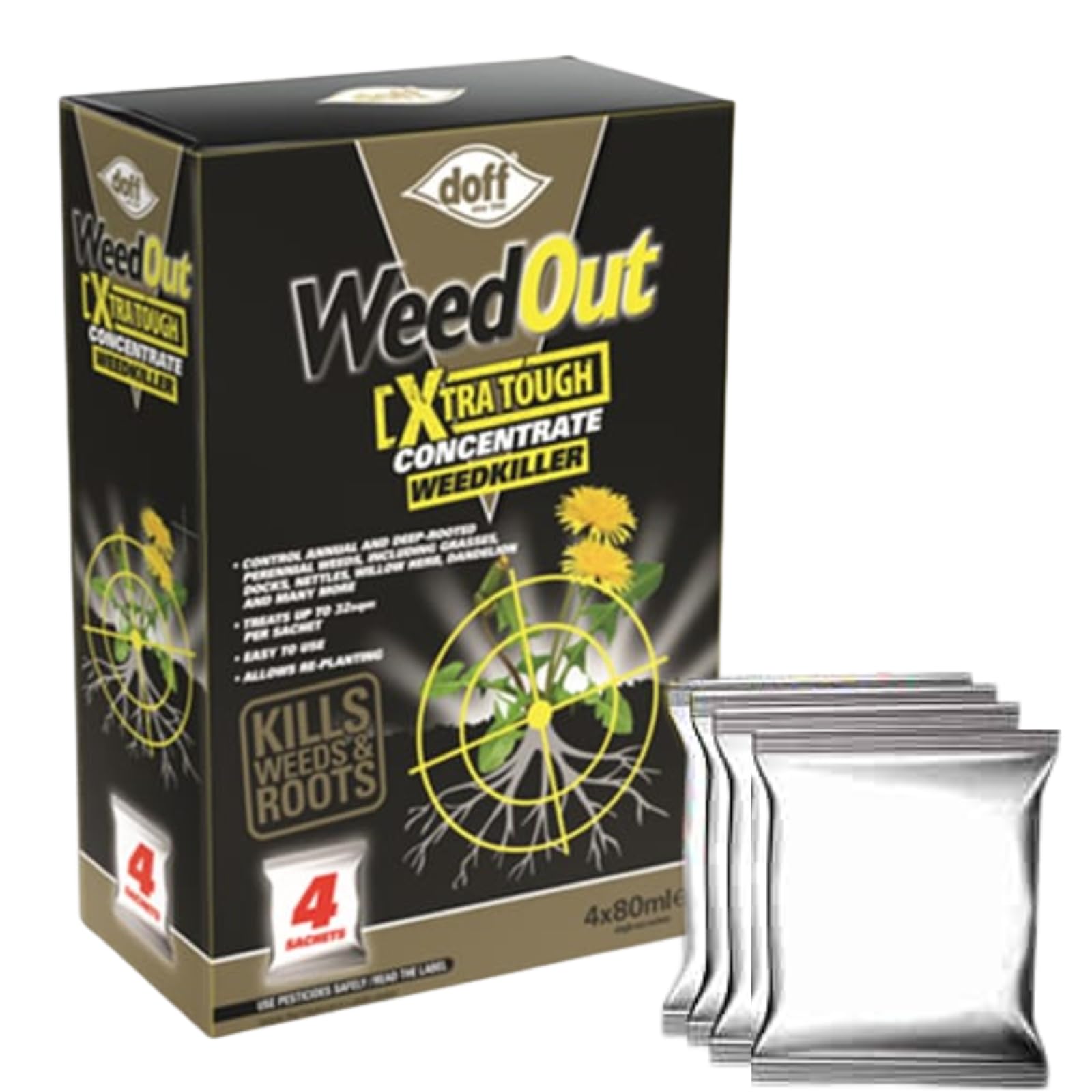 Doff Weed Killer Concentrate Sachets 4 x 80g - Systemic Weed Killer for Annual & Deep Rooted Weeds – Covers Up to 128m² – For Paths, Patios & Driveways