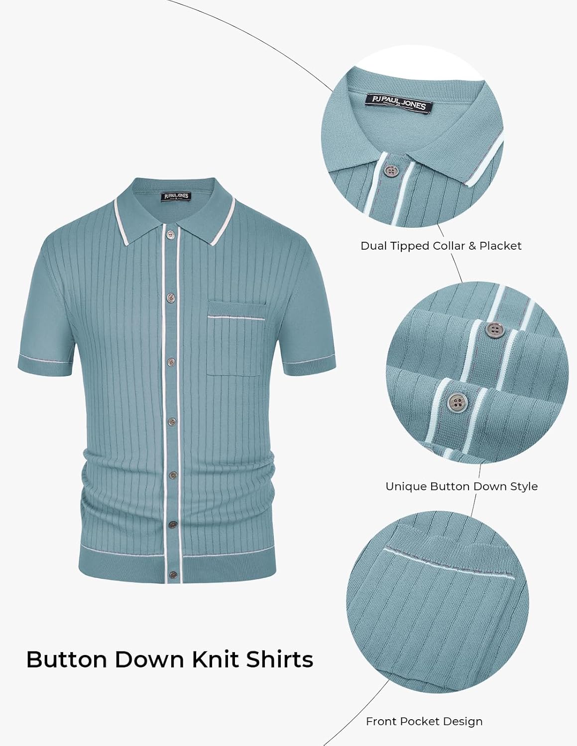 PJ PAUL JONES Mens Knit Shirts Short Sleeve Button Down Casual Shirt Vintage Old Money Polo Shirts Vacation Beach Tops