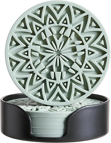 Juego de 6 posavasos de silicona verde salvia con soporte, posavasos con forma de patrón tribal, para protección de mesa, antideslizantes,