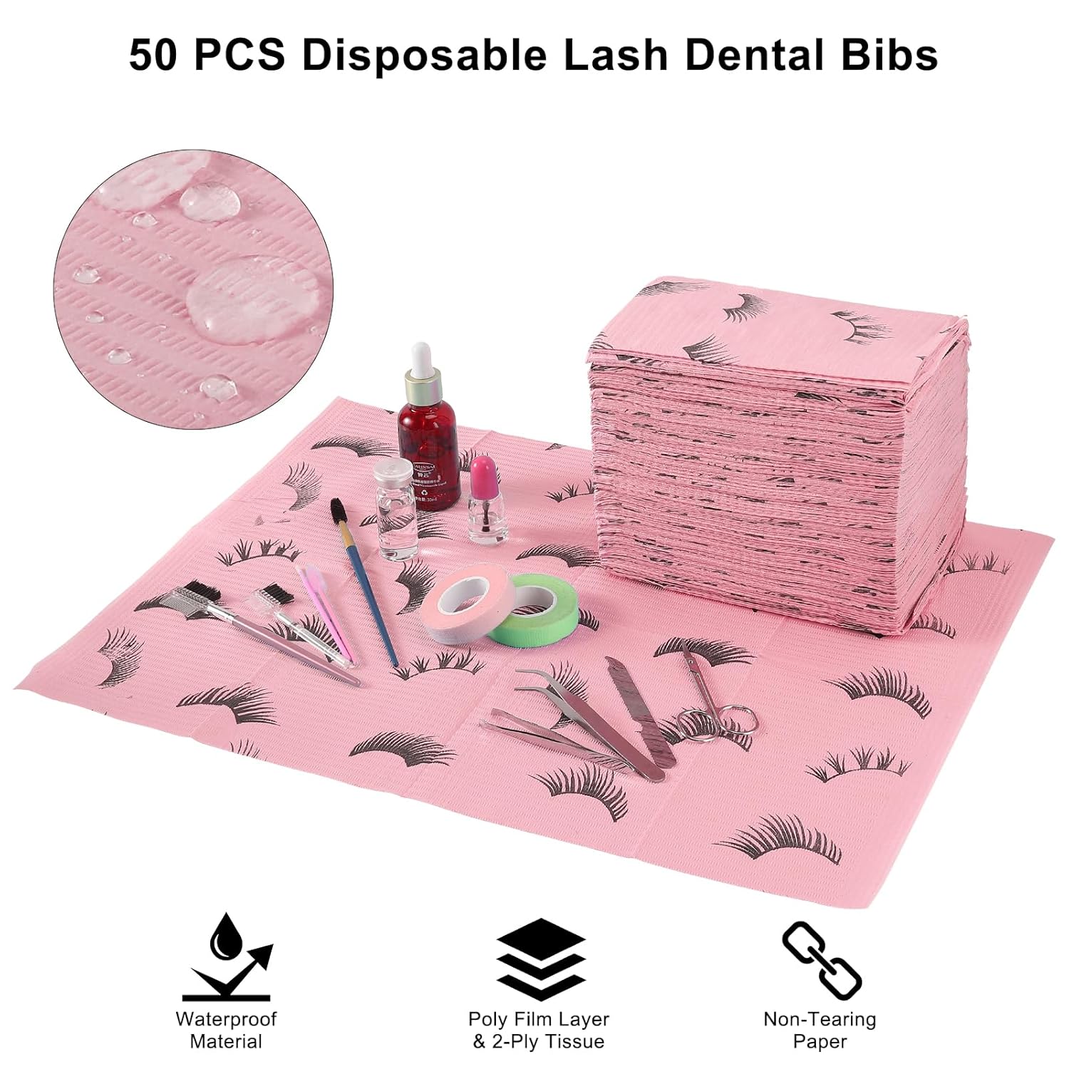 Lashing Dental Bibs Disposable Pack of 50, Lash Pillow Cover of Lash Supplies, Pink 3-Ply Paper Poly Waterproof Towels, 13” x 18”, Black Eyelash Printed