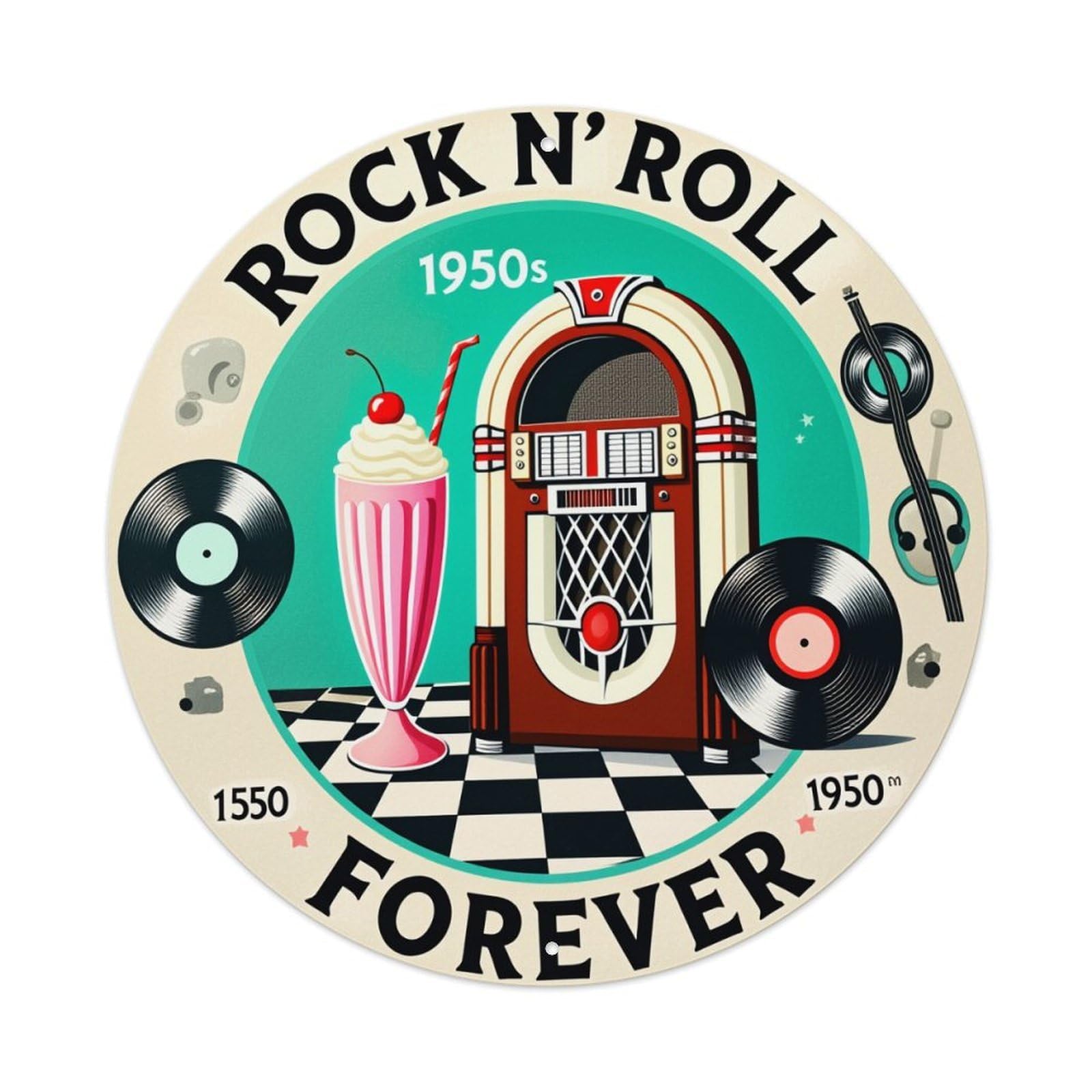 Rock N Roll Forever 1950s Jukebox Round Tin Sign Retro Metal Sign for Cafe Bar Pub Home Game Room Gym Club Wall Decoration Vintage Metal Poster 8x8 Inch
