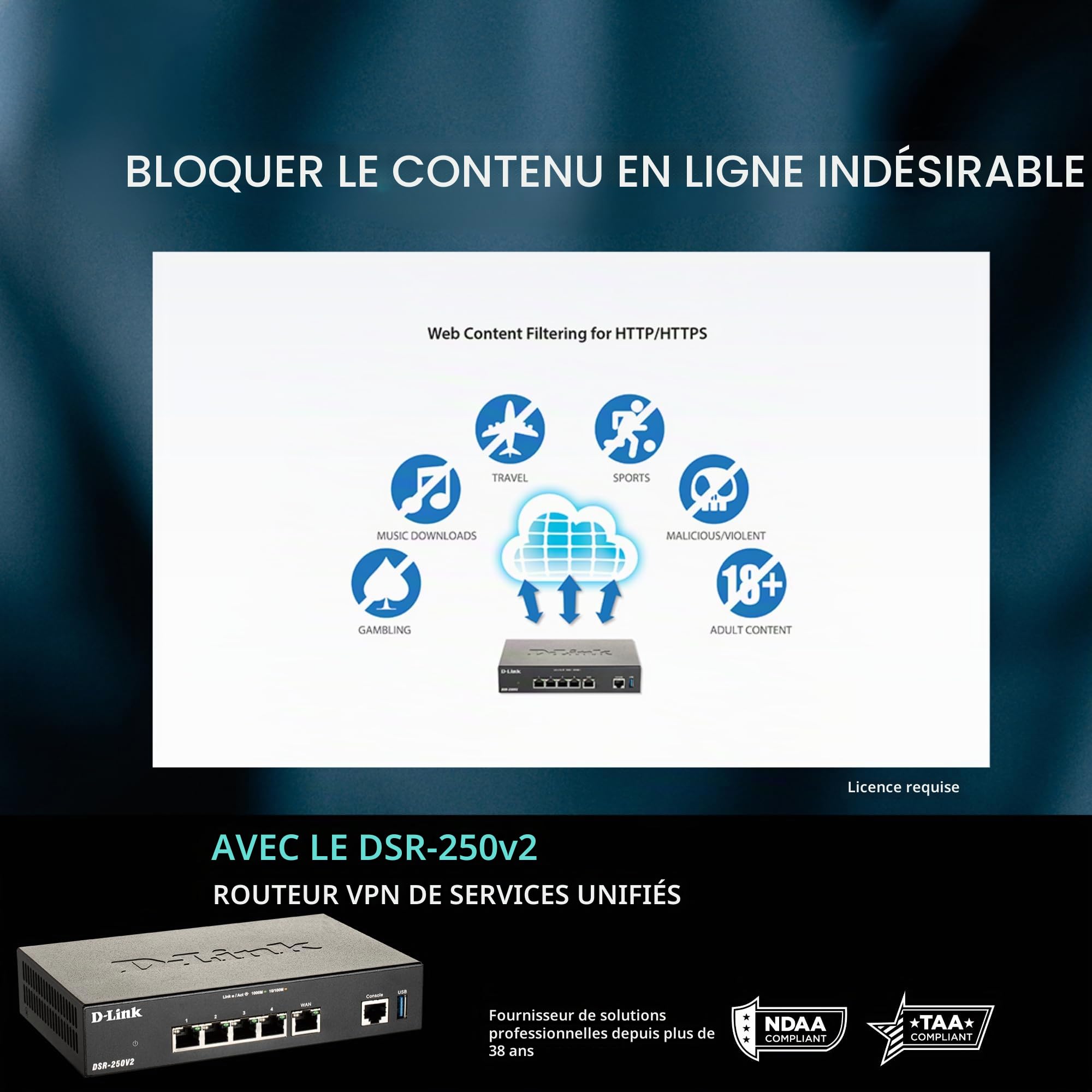 D-Link DSR-250V2 Routeur VPN de Services unifiés, Multi-WAN Giga, basculement, Balance de Charge, IPSec/PPTP/L2TP/OpenVPN, filtrage Dynamique du Contenu Web, contrôle des Applications, Portail captif