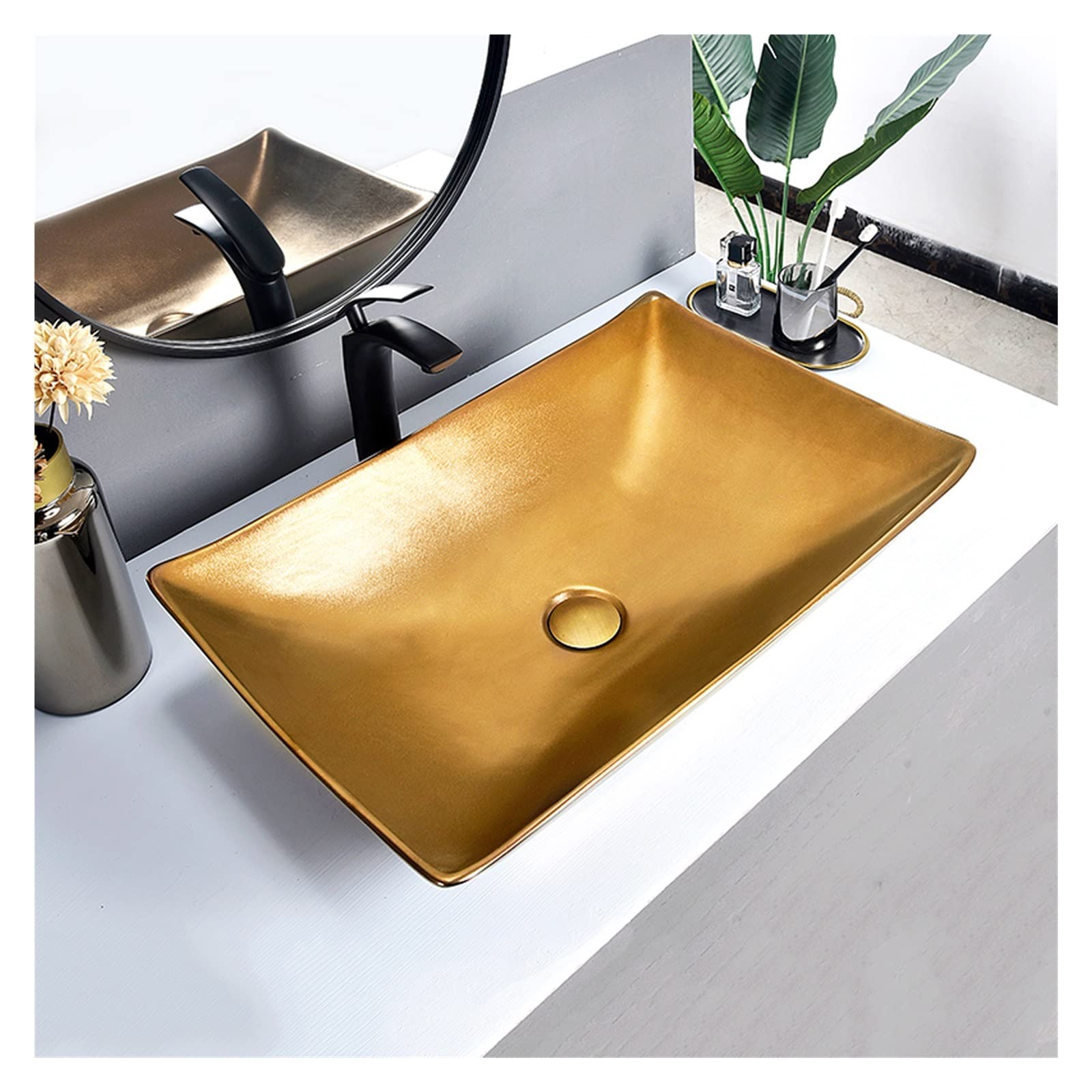Golden Vessel Sink,Luxury Above Counter Ceramic Art Wash Basin With Black Faucet And Pop Up Drain