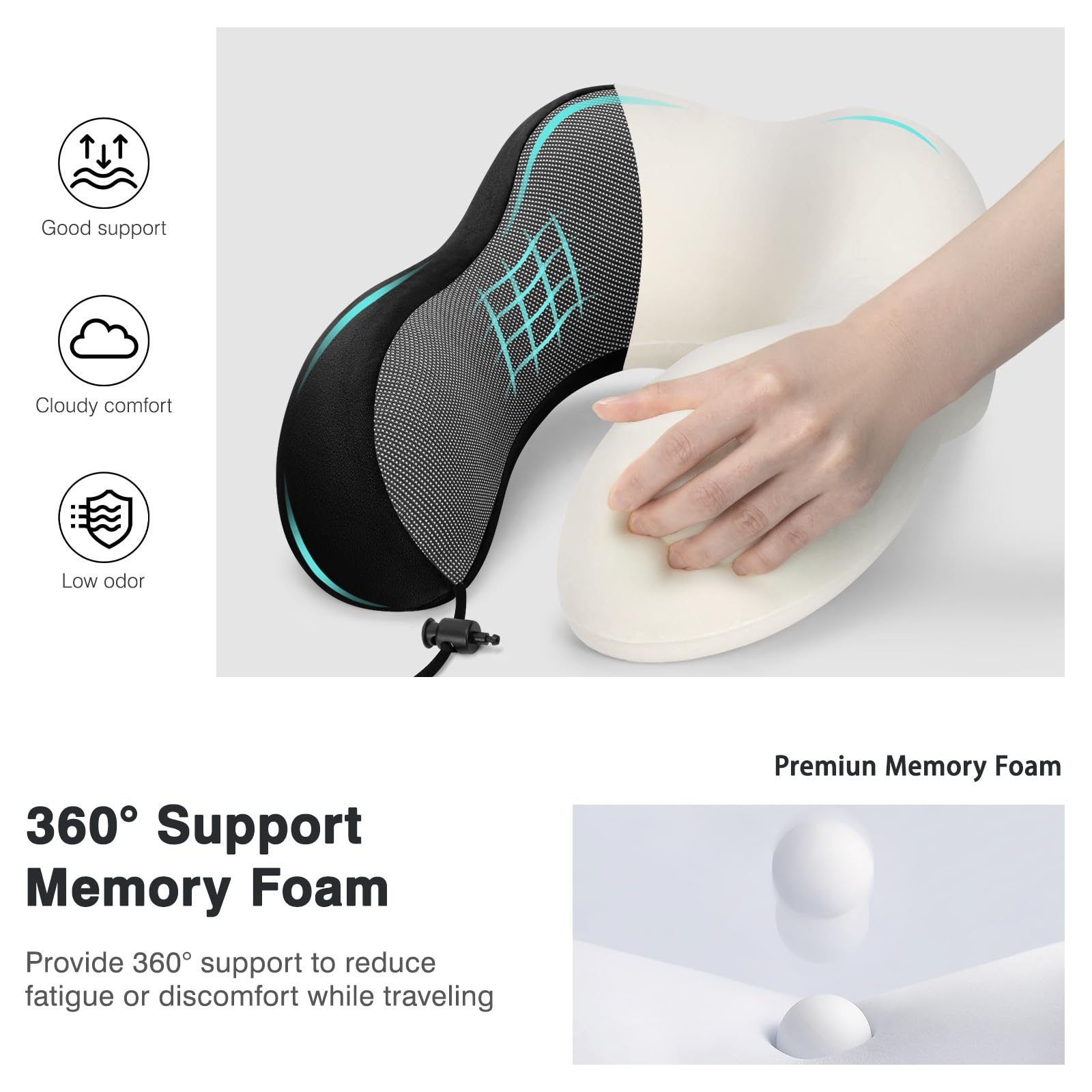urnexttour Cuscino da viaggio per aereo, in memory foam, confezione da 3 cuscini per il collo per viaggiare con maschera per gli occhi, tappi per le orecchie e borsa portaoggetti, riposo, auto, treno