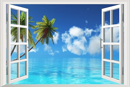 Adhesivo de pared 3D para ventana falsa de paisaje marino de playa, palmera tropical extraíble, vista al mar, calcomanías de pared falsas para