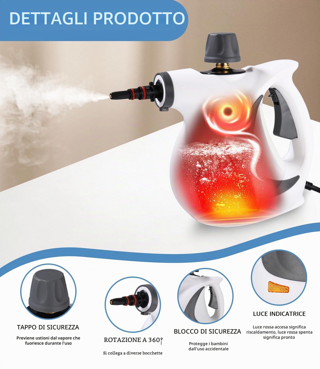 Pulitore a Vapore Portatile, 1050 W Pulitore a Vapore Casa con 12 Accessori, Pressione 3,5 bar Steam Cleaner, Pistola a Vapore Multifunzione per Tappeto, Divani, Cucina, Bagno, Auto, Pavimenti