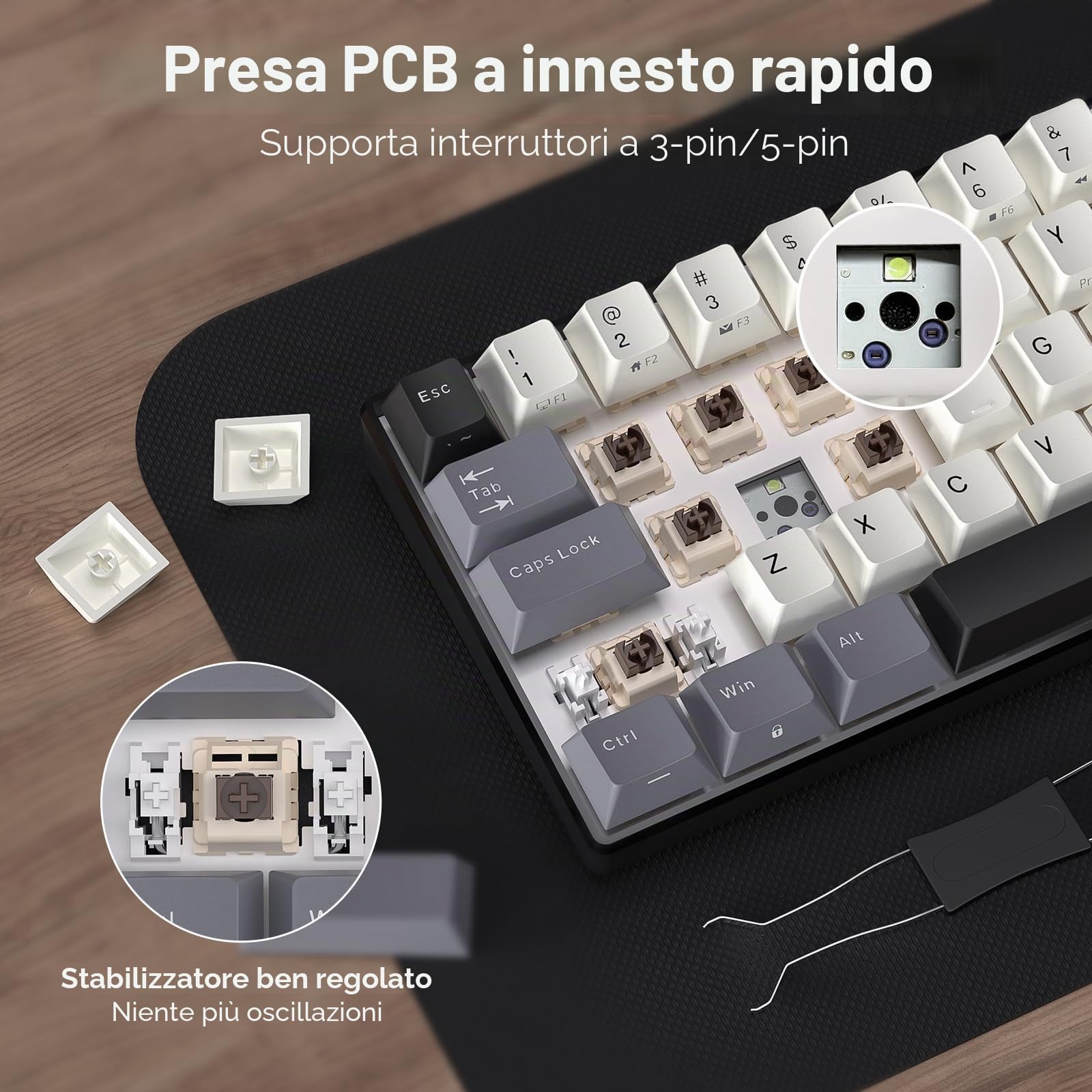 RK ROYAL KLUDGE RK61, tastiera meccanica wireless 60%, compatta, QWERTY | Tastiera da gioco compatta a 61 tasti, modalità tripla BT5.0/2.4G/USB-C, tasti PBT, software Pro, hot swap personalizzato