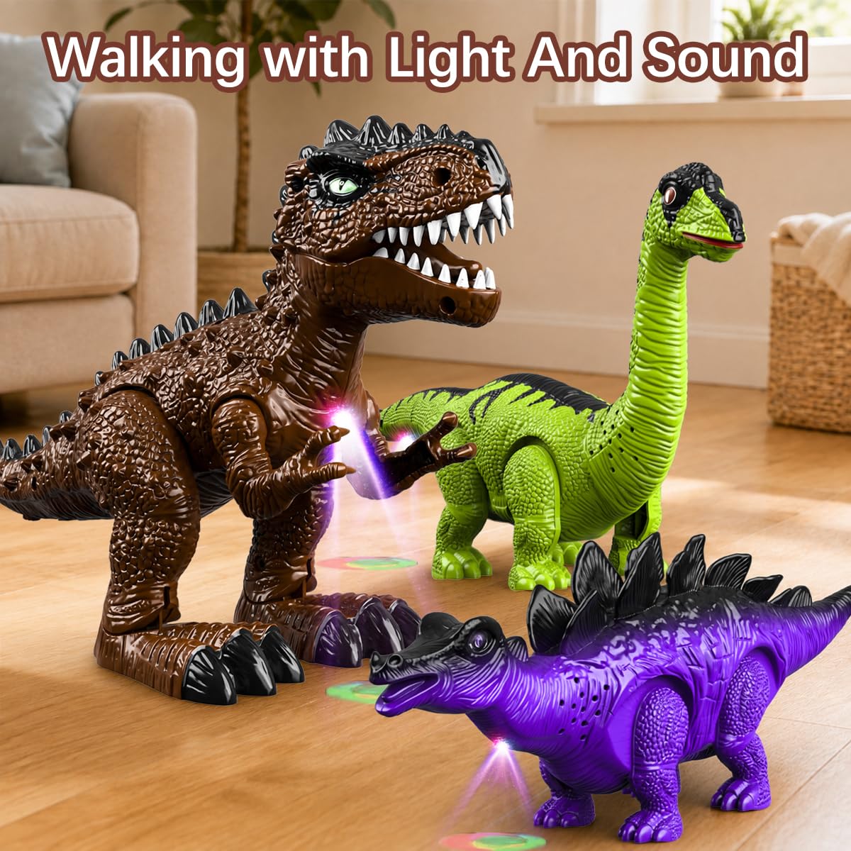 3 Pezzi Giocattoli Dinosauri per Bambini 3-7 Anni, Robot Elettrico Camminante con Suoni e Luci LED, Set T-Rex Brachiosauro Stegosauro, Regalo di Compleanno Bambino Bambina