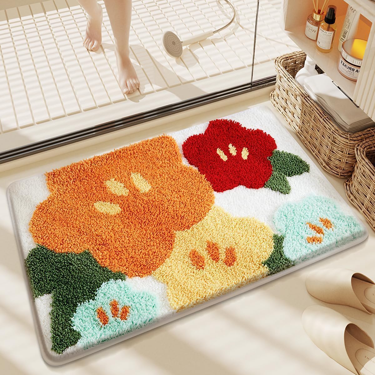 Plants Bathroom Mat Cute Absorbent Bath Rug Non Slip and Machine Washable Bath Shaggy Carpet for Kitchen, Bedroom and Living Room (Colorful Flowers, 31"x20")