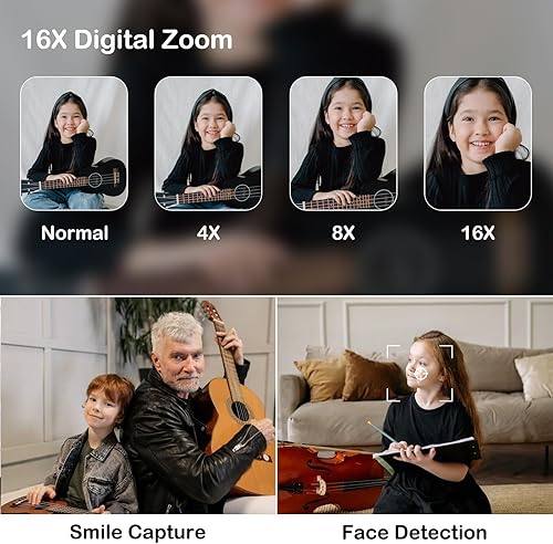 Miniatura 3 de Cámara digital para 50MP FHD 1080P, cámara digital de apuntar y disparar con zoom de 16X, antivibraciones, viajes en interiores y exteriores, cámara