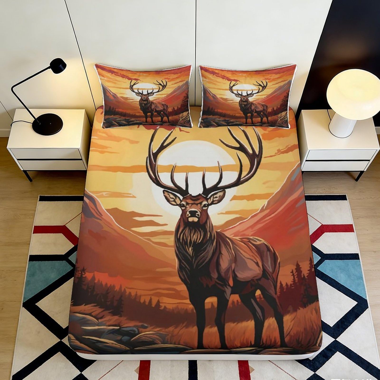 3D Printed Sunset Deer Fitted Sheet Microfiber Soft Breathable Mountain Landscape Bed Cover for Bedroom Dormitory Guest Room Protection Decoration 180x200x25cm