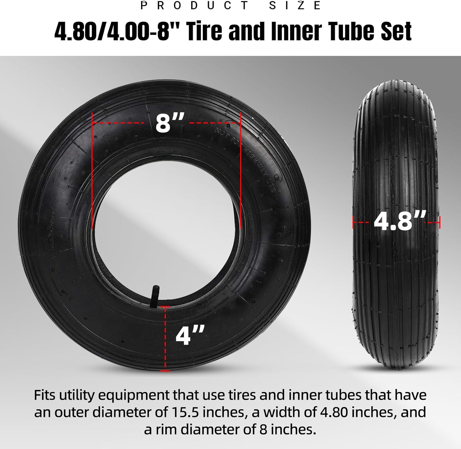 (2-Set) AR-PRO 4.80/4.00-8" Tire and Inner Tube Set - Universal Replacement Tires and Inner Tubes with 15.5" Outer Tire Diameter and 4.80" Tire Width - Fits on Dollies, Trolleys, Wagons, and More
