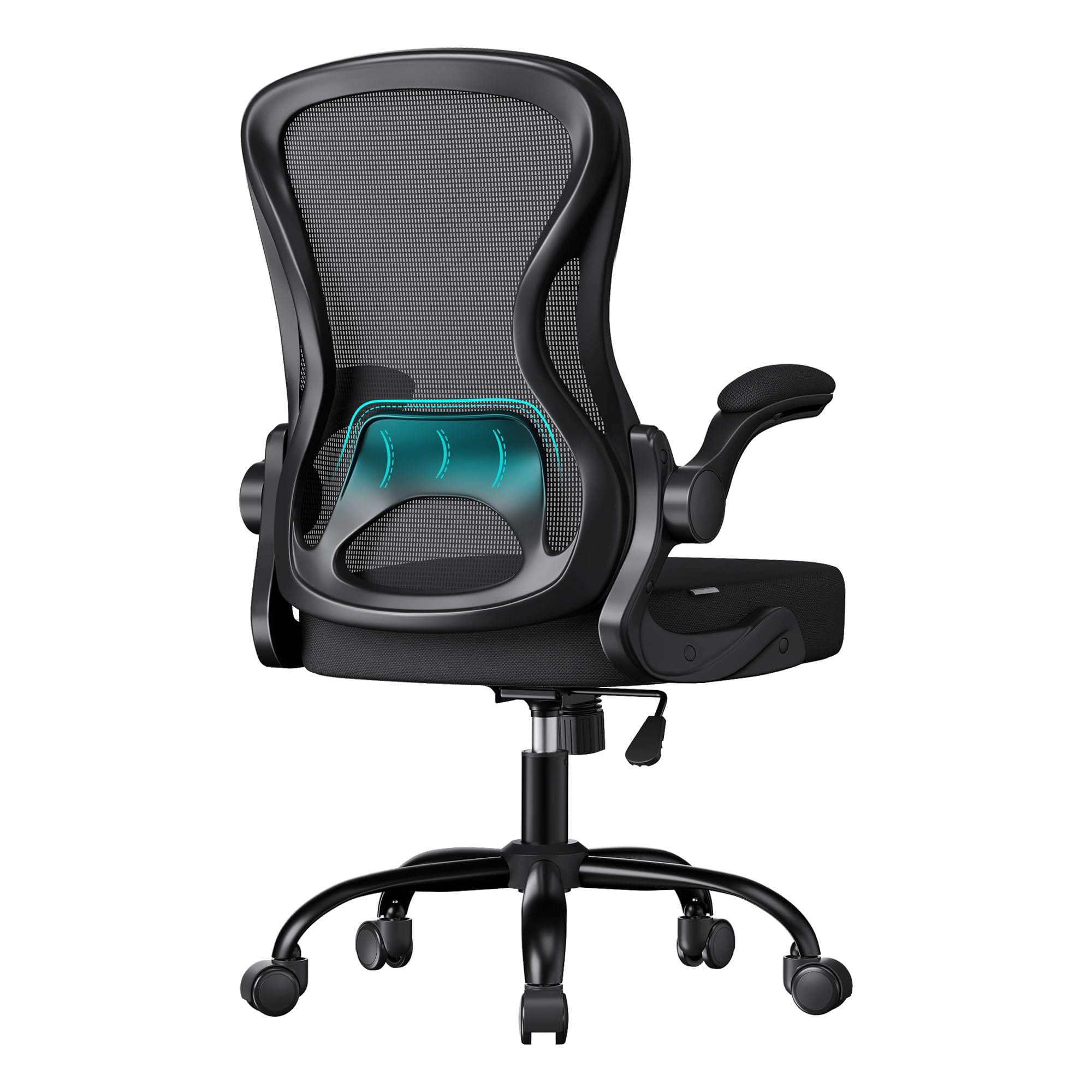 SONGMICS Ergonomiczny fotel biurowy, obrotowy z siatkową tkaniną, fotel biurowy z podparciem lędźwiowym, funkcja bujania, składane podłokietniki, do gabinetu, sypialni, atramentowy czarny OBN042BH02