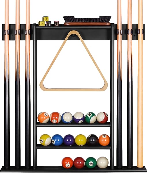 Support de Queue de Billard, Support Mural de Baton de Billard avec Support de Rangement, Bois Massif, Support de Billard 6 Trous et 15 Porte-balles, pour Centre de Divertissement de Gym - 1