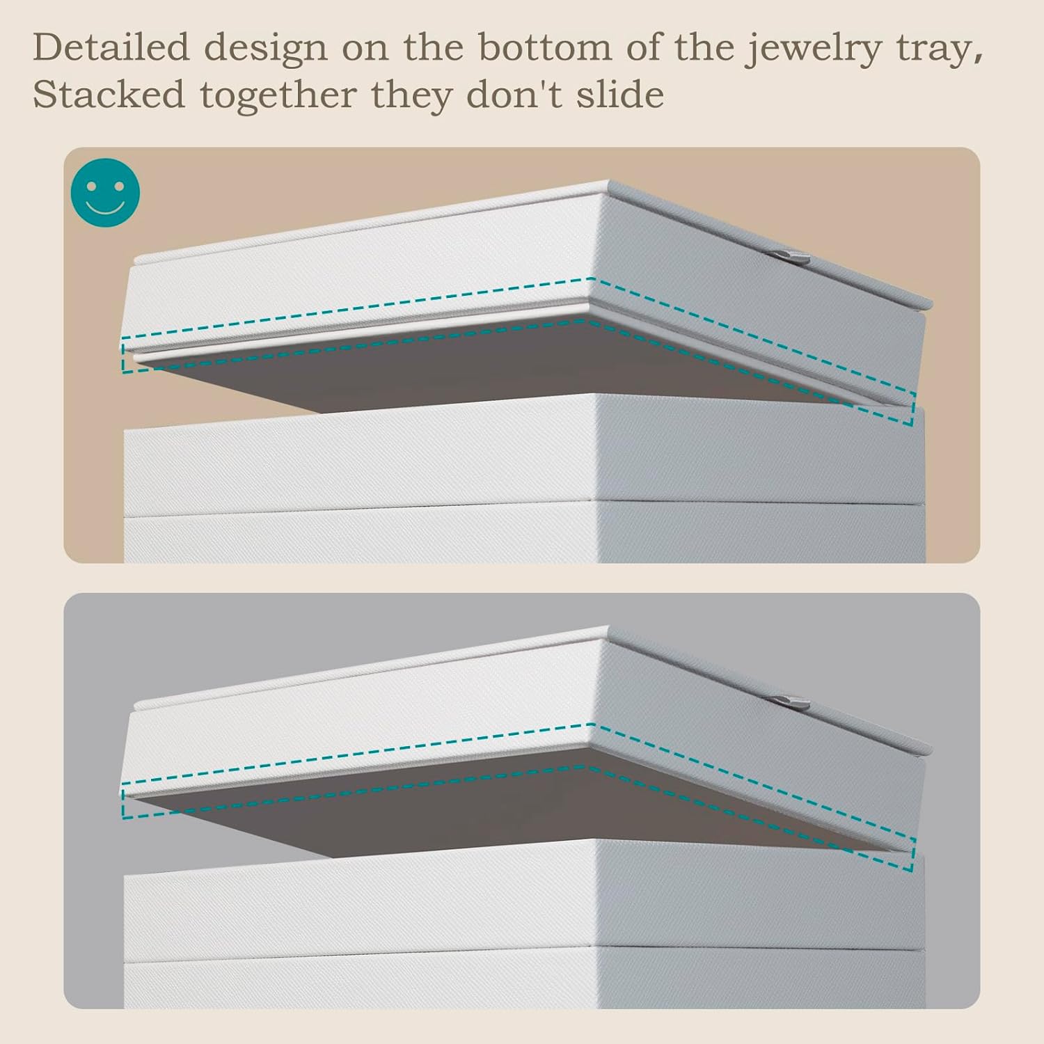 4-Layer Stackable Jewelry Organizer Trays with Tempered Glass Lid, White PU Leather Jewelry Drawer Inserts Display Case, Large Storage Box for Earring Necklace Ring Sunglasses