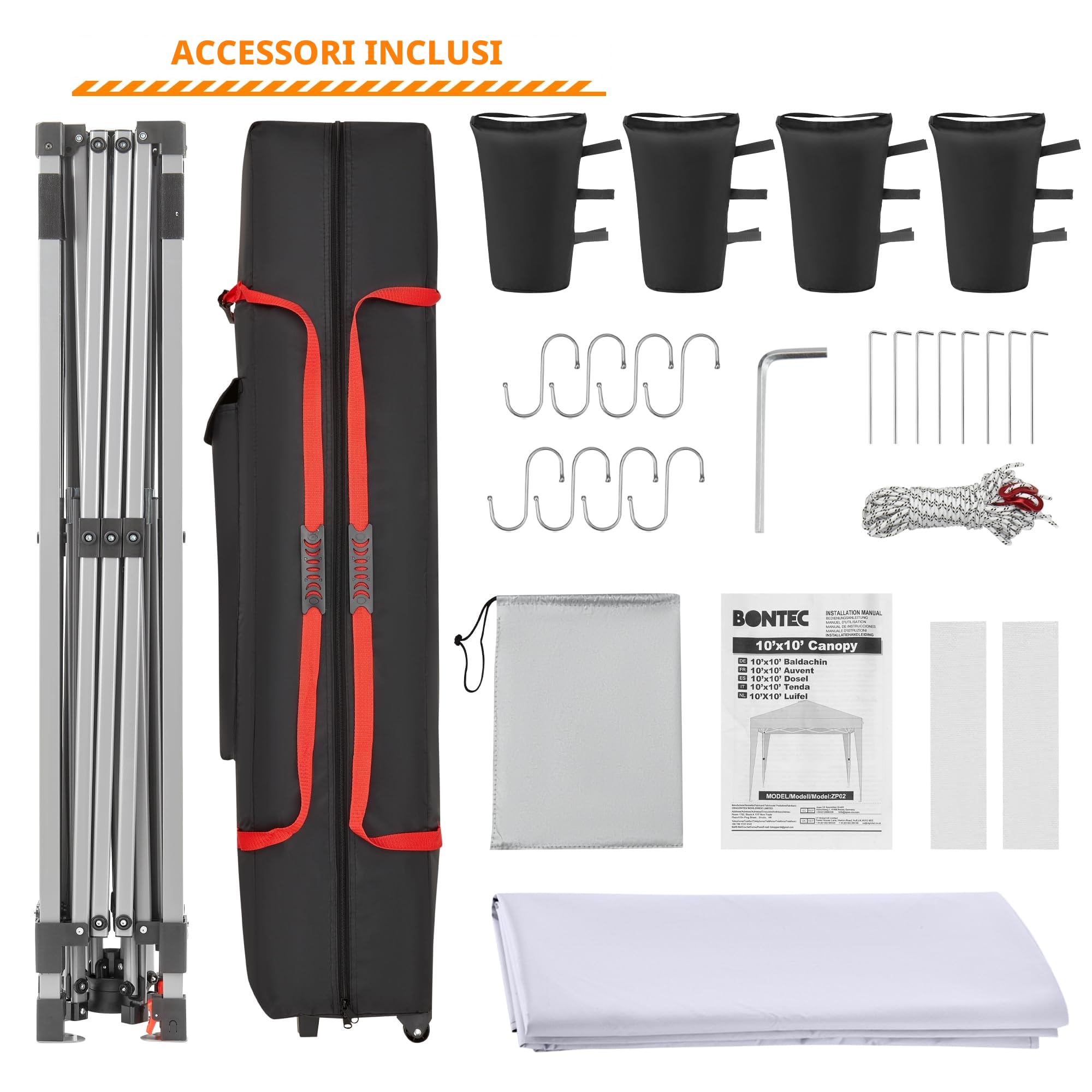 BONTEC Gazebo 3x3 Pieghevole Impermeabile, Tenda da Giardino con Pannello Laterale Extra, Facile da Montare, Gazebo Esterno con Borsa a Rotelle e 4 Sacchetti di Sabbia, Tenda da Esterno per Eventi