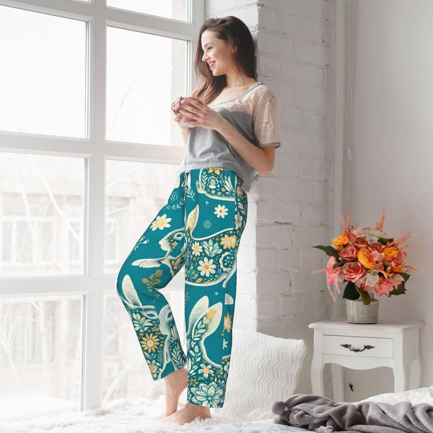 Women'S Rabbit-Floral-Spring Fleece Pajama Pants, Cozy Flannel Lounge Bottoms For Women