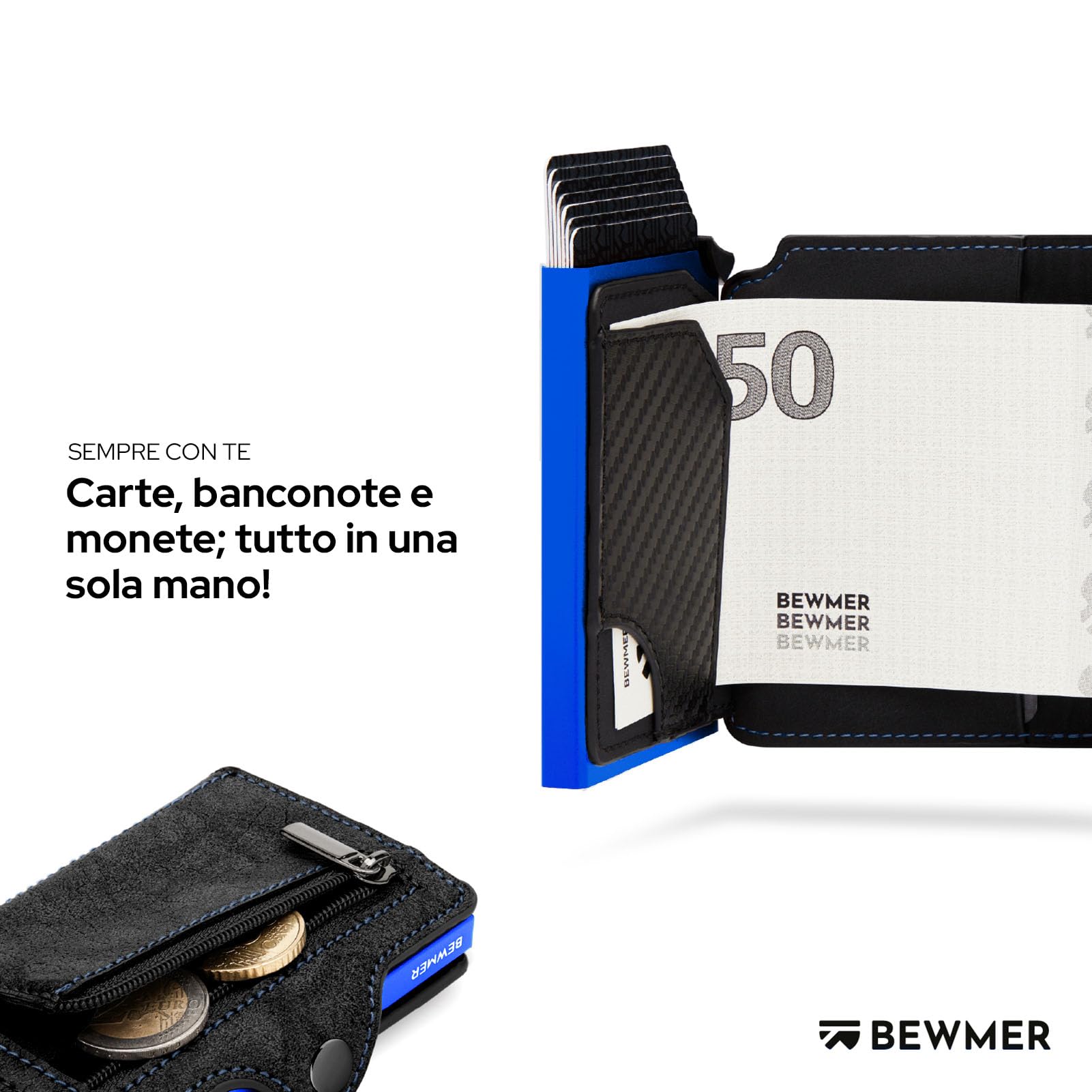 BEWMER Porta Carte di Credito 1 Schermato | Portafoglio Slim da Uomo e Donna | Porta Tessere e Documenti con Rfid Protection e Fermasoldi in Carbon Fiber (NeroElettricoBlu Con zip)