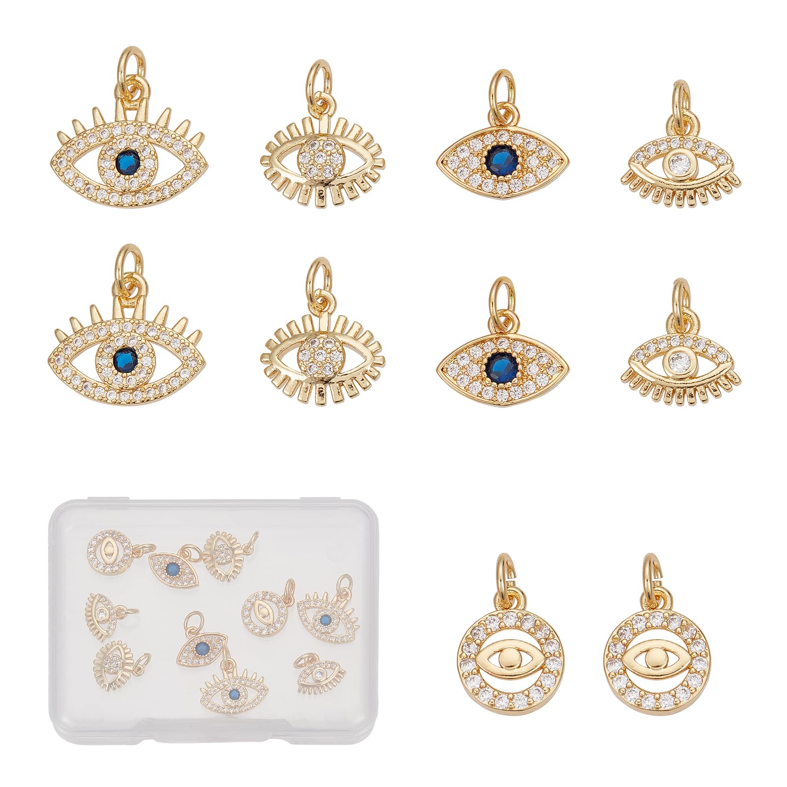 NICENEEDED 10 Pcs 18K Gold Plated Evils Eye Charms, Cubic Zirconia Devil's Eye Enamel Charms Pendants