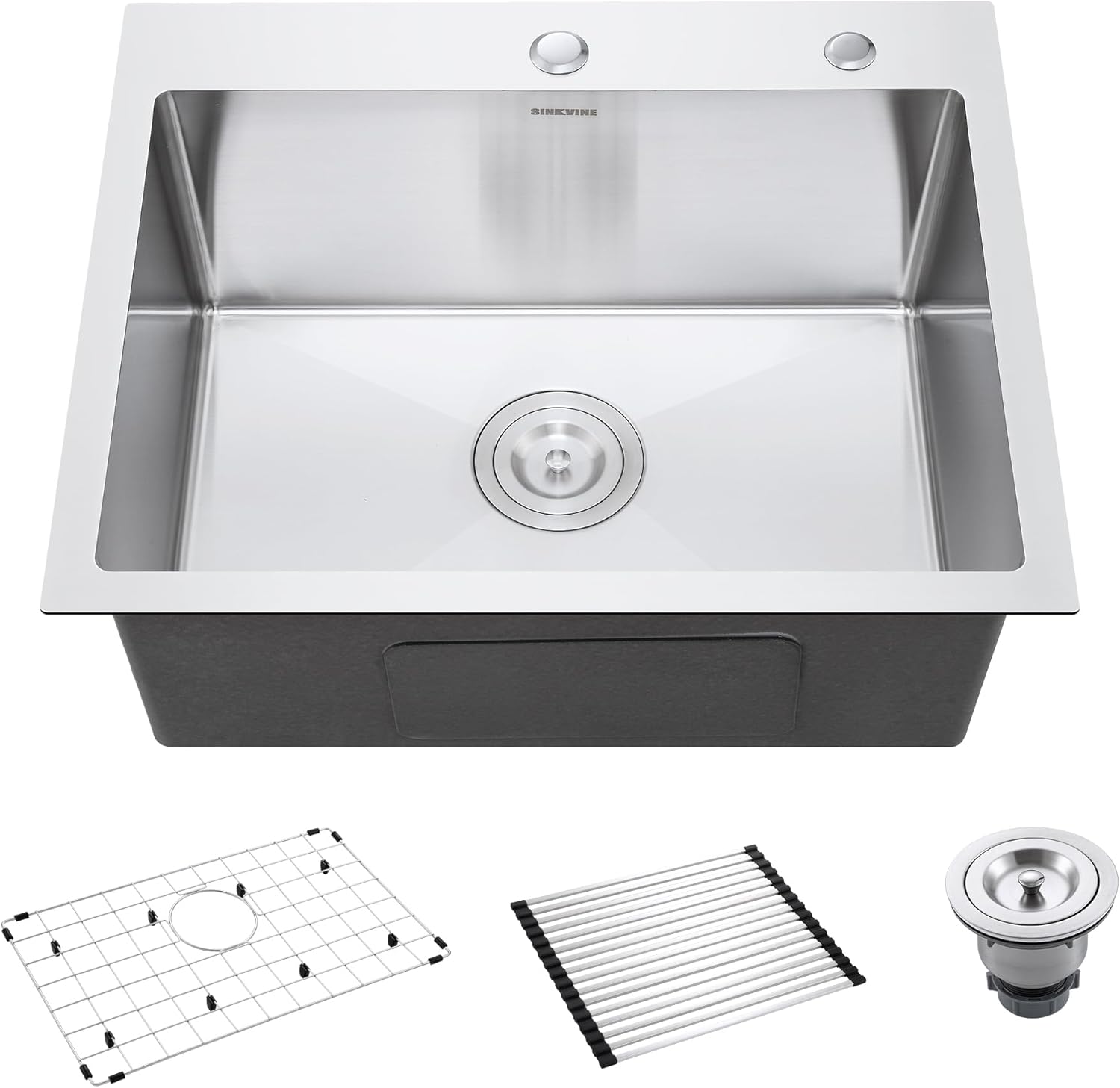 22 Inch Drop-In Kitchen Sink, SINKVINE 22" x 18" Stainless Steel Indoor and Outdoor Sink, Top Mount Deep Single Bowl Sink for Laundry, Wet Bar, RV, w/Drain Strainer, Bottom Grid, Roll-up Drying Unit product image