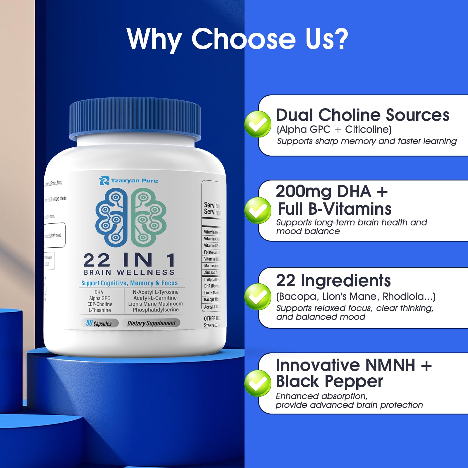 Brain Supplements for Memory and Focus - 22-in-1 Brain Supplement with Alpha GPC, Citicoline, Vitamin B12, Bacopa, Lion’s Mane, DHA - Brain Health for Clarity, Energy & Cognitive Support, 90 Count — Amazon image 6