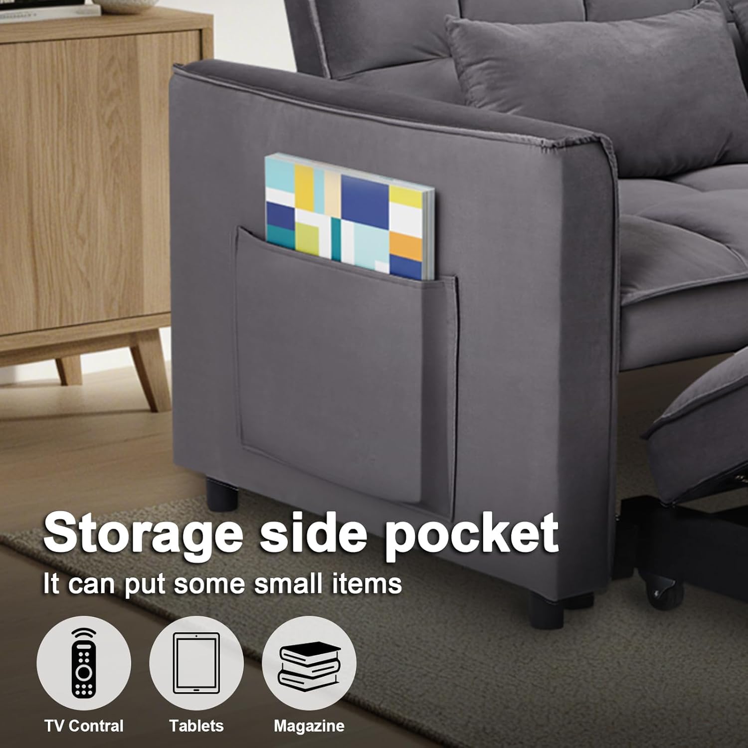 Dreamzie 3 in 1 Convertible Sleeper Sofa Bed, 55'' Loveseat Sleeper Sofa, Pull Out Couch Bed with Adjustable Backrest for Living Room, Velvet Fabric, Dark Gray