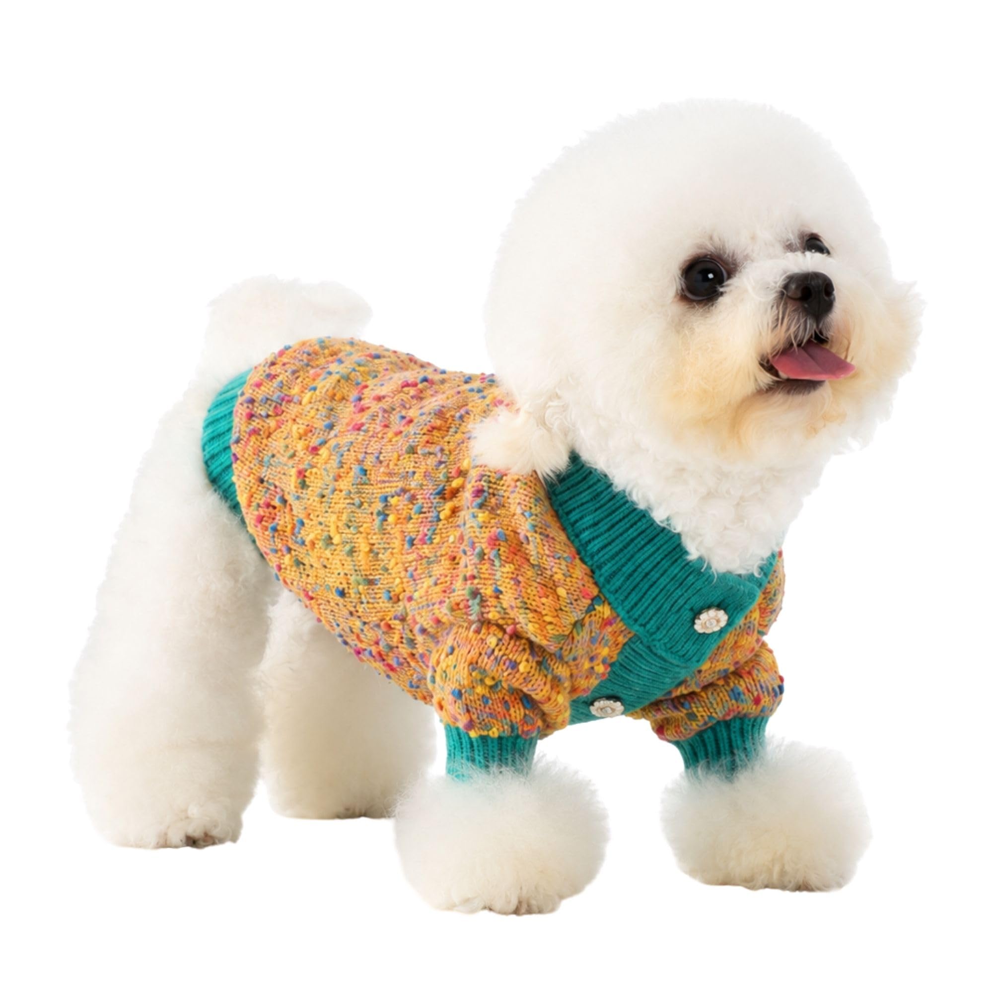Pull pour chiens de taille moyenne, vêtements chauds pour chiot, jaune | Cardigan tricoté confortable avec boutons, bordure côtelée pour plus de chaleur, coupe extensible pour l'automne et l'hiver