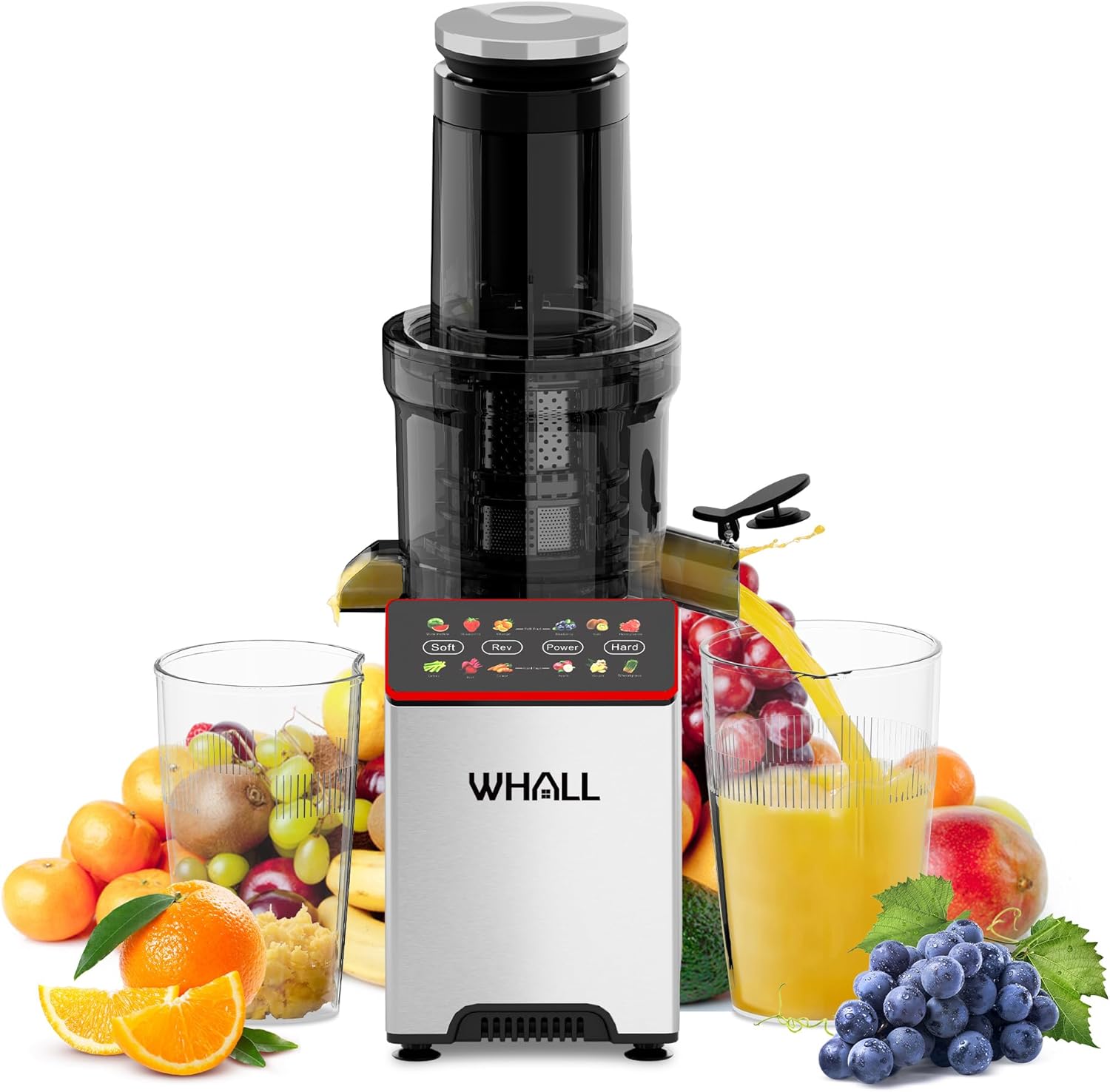 whall Masticating Slow Juicers, Juicer Machines, Cold Press Juicers, Professional Stainless Juice Machines for Vegetable and Fruit, Touchscreen Cold Press Juicer with 2 Speed Modes, Easy Clean,Grey