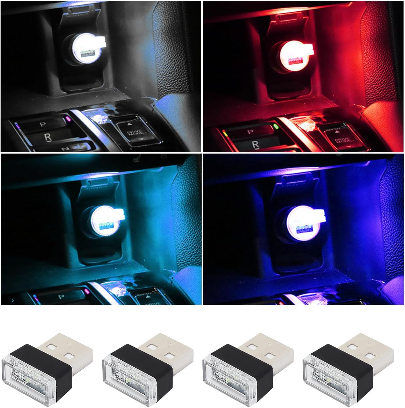 Augeny 4 PCS USB LED Car Interior Atmosphere Lamp, Plug-in USB Decor Night Light, Portable Auto Ambient Lighting Kit, Universal Vehicle Interior Accessories for Most Cars (White+Red+Blue+Ice Blue)