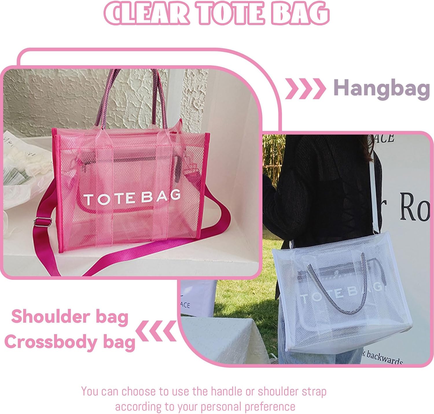 WREWING Clear Tote Bag for Women, Large Mesh Beach Bag, PVC Clear Crossbody Bags with Zipper, Stadium Bag for Travel Sports