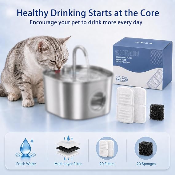 SORON 20 Pack Cat Water Fountain Filters Replacement, Compatible with GIOTOHUN/HOOISE/ATMZIQXR/UMOCUOY/IHOUONE 74oz/88oz/108oz Stainless Steel Pet Fountains, Premium Replacement Filters with Sponges