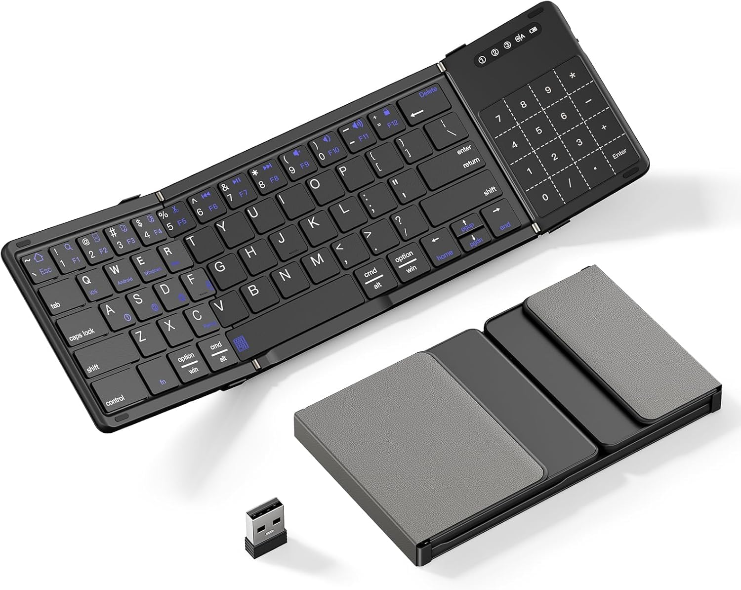 ETZIN Foldable Bluetooth Keyboard with Touchpad & Number Pad, Tri-Fold, 3 Bluetooth+2.4GHz, iOS Android Windows macOS, 90 Days Standby, Type-C Rechargeable (EPL-BK77T)-image-46