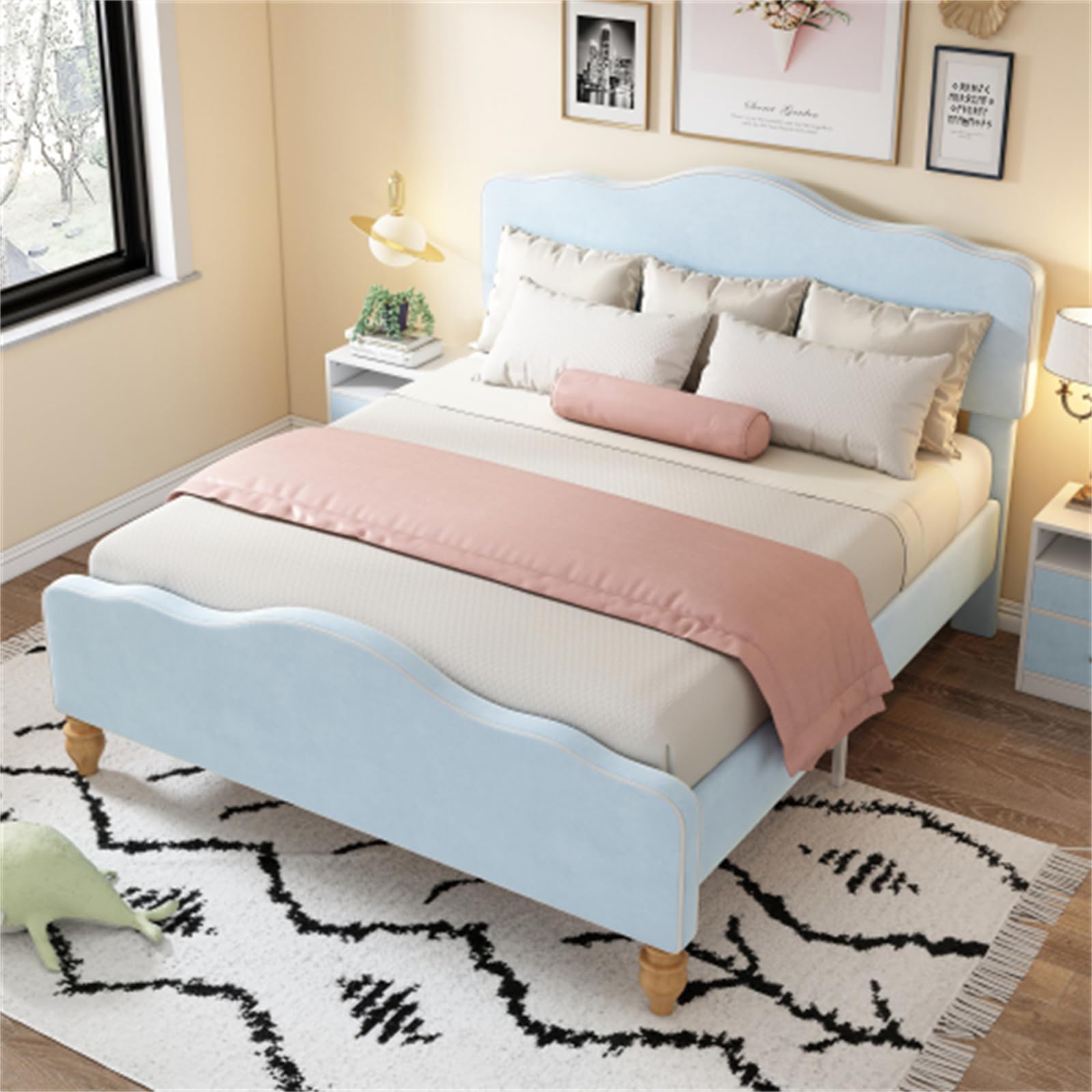 Letto imbottito con testiera e pediera ondulati, design europeo, 140 x 200 cm, rete a doghe in legno, per adulti e ragazzi