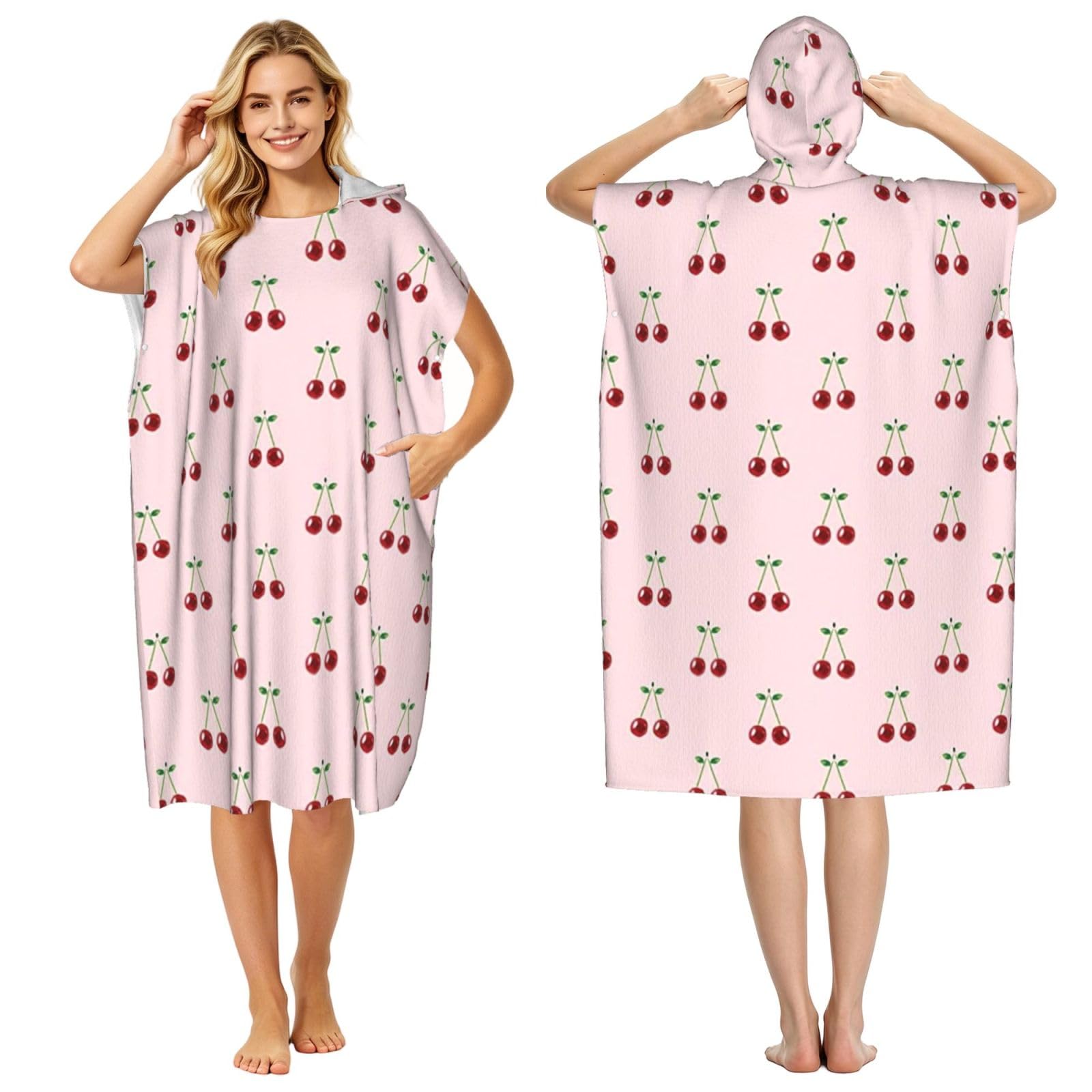 Poadnly Rose Red Cherry, Adult Hooded Beach Towel 90 x 110 cm,Changing Bath Robe, Surf Poncho Towel For Women Men