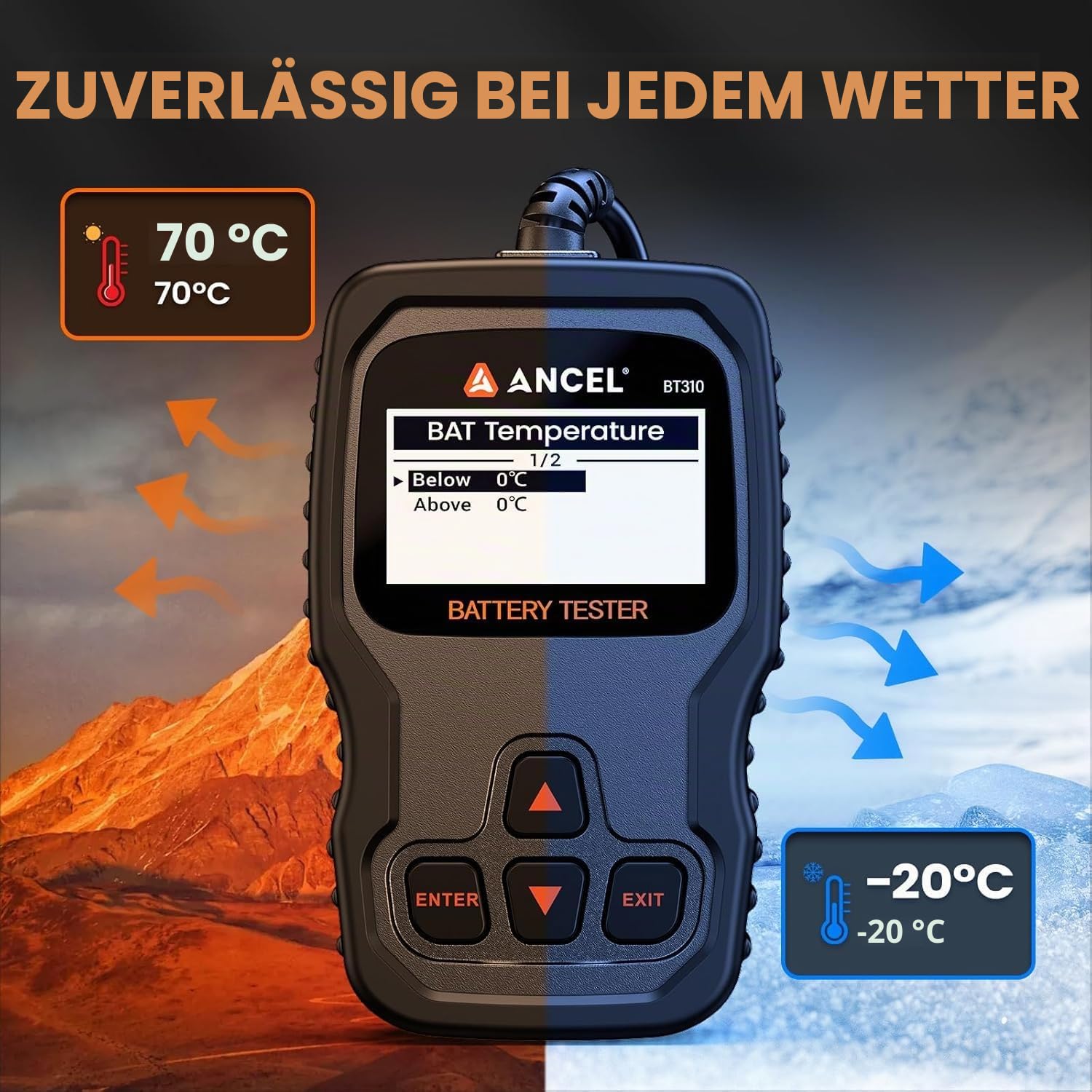 ANCEL BT310 Autobatterie Tester 12V 24V Batterietester KFZ 100–2000 CCA | Batterie Tester Auto mit Batterietest Anlasstest & Ladetest für SUV LKW ATV Boot PKW Motorrad Blei-Säure & Lithium Batterien