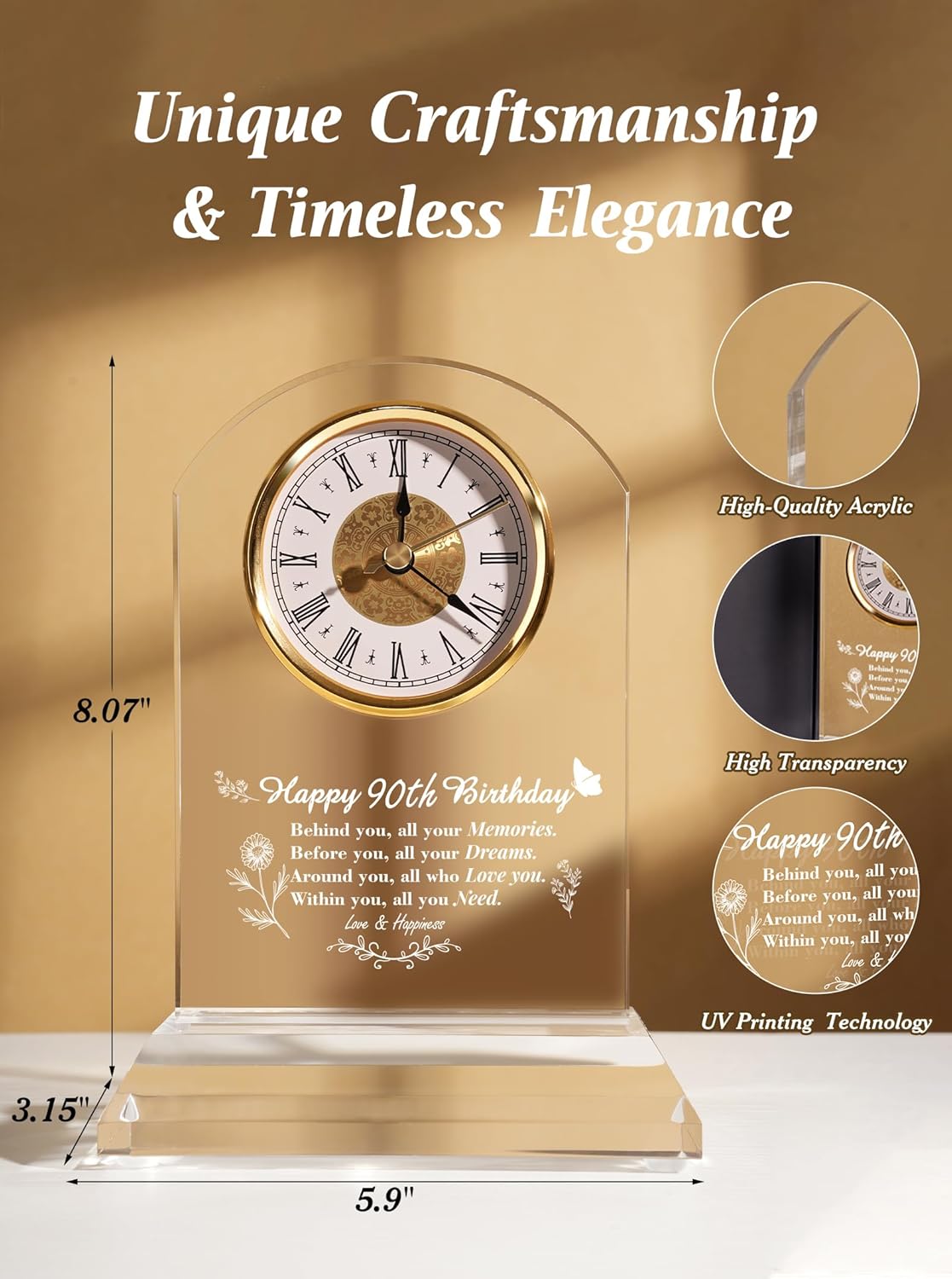 DEEWISH 90th Birthday Gift Quartz Desk Clock – Elegant Home Blessing Decoration for Parents, Grandparents, Friends, Mom, Dad, Happy 90 Years Birthday Decoration for Women Men - Image 4