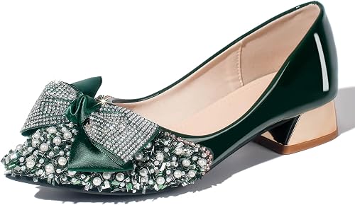 Women's Pumps, Closed Toe Chunky Heels for Women Pointed Toe Rhinestones Bridal 