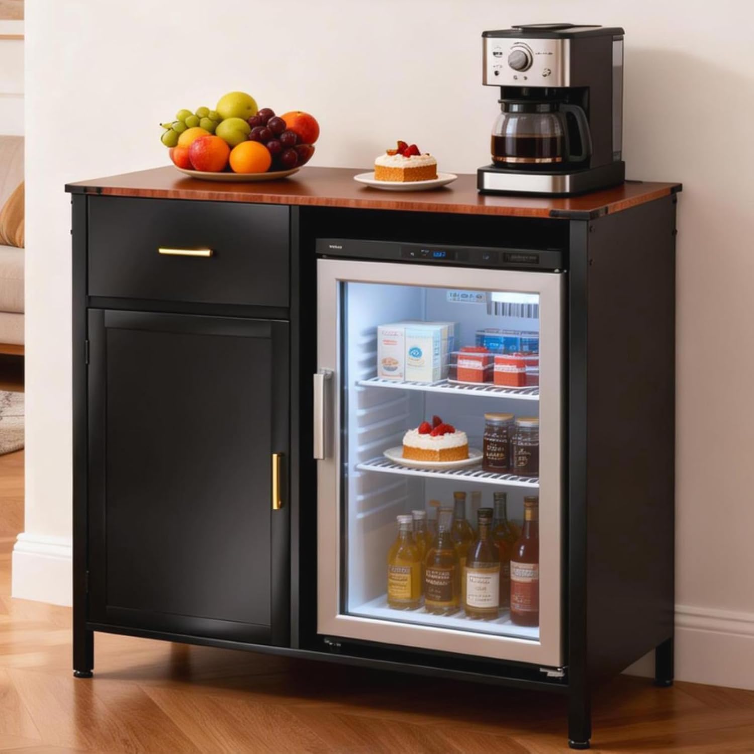 Cuute Coffee Bar Cabinet with Mini Fridge Space, Charging Station & LED Lights, 9 Grid Storage, Modern Wine Cabinet Buffet Sideboard for Kitchen, Dining Room, Living Room, Black