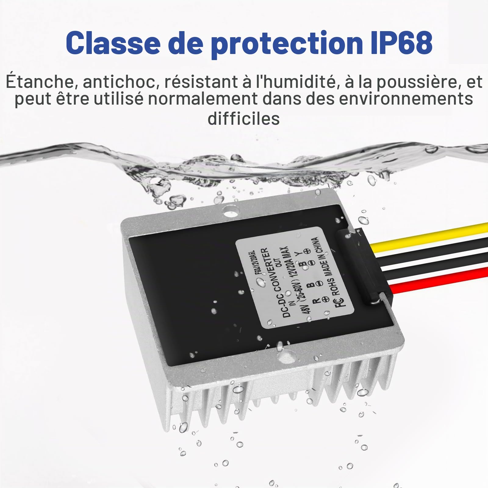 Régulateur de Tension 24V 36V 48V à ​​12V 20A, Convertisseur DC-DC Buck | IP67 Étanche Module Abaisseur de Tension Transformateur, pour Voiture