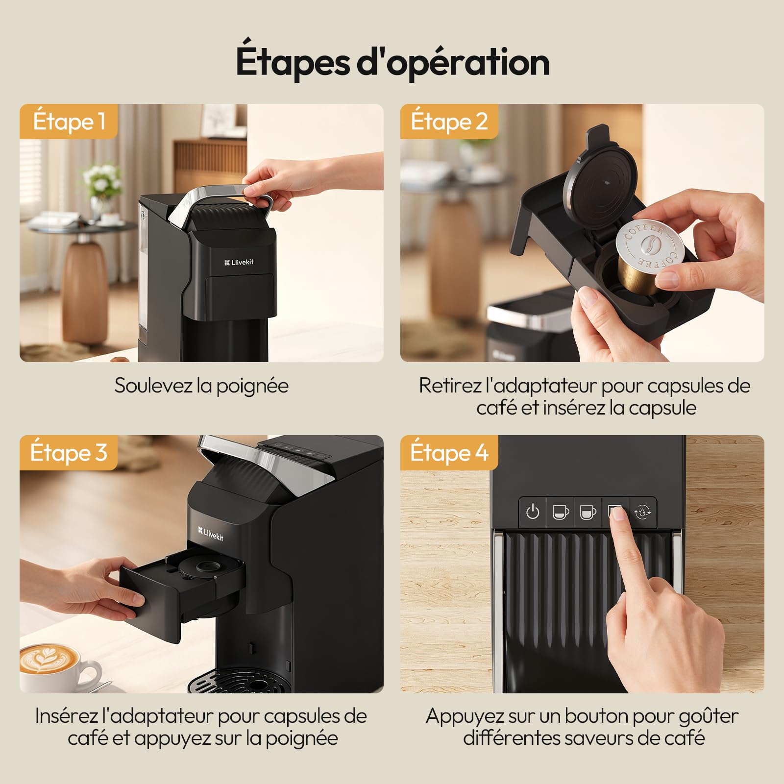 LLIVEKIT Machine à Café 3 en 1, 20 Bars, Compatible avec Capsules Nespresso/Dolce Gusto, Cafetière à Café Moulu, Réservoir d'Eau 920 ml, Chauffe en 40 s, Autonettoyant, pour Maison et Bureau